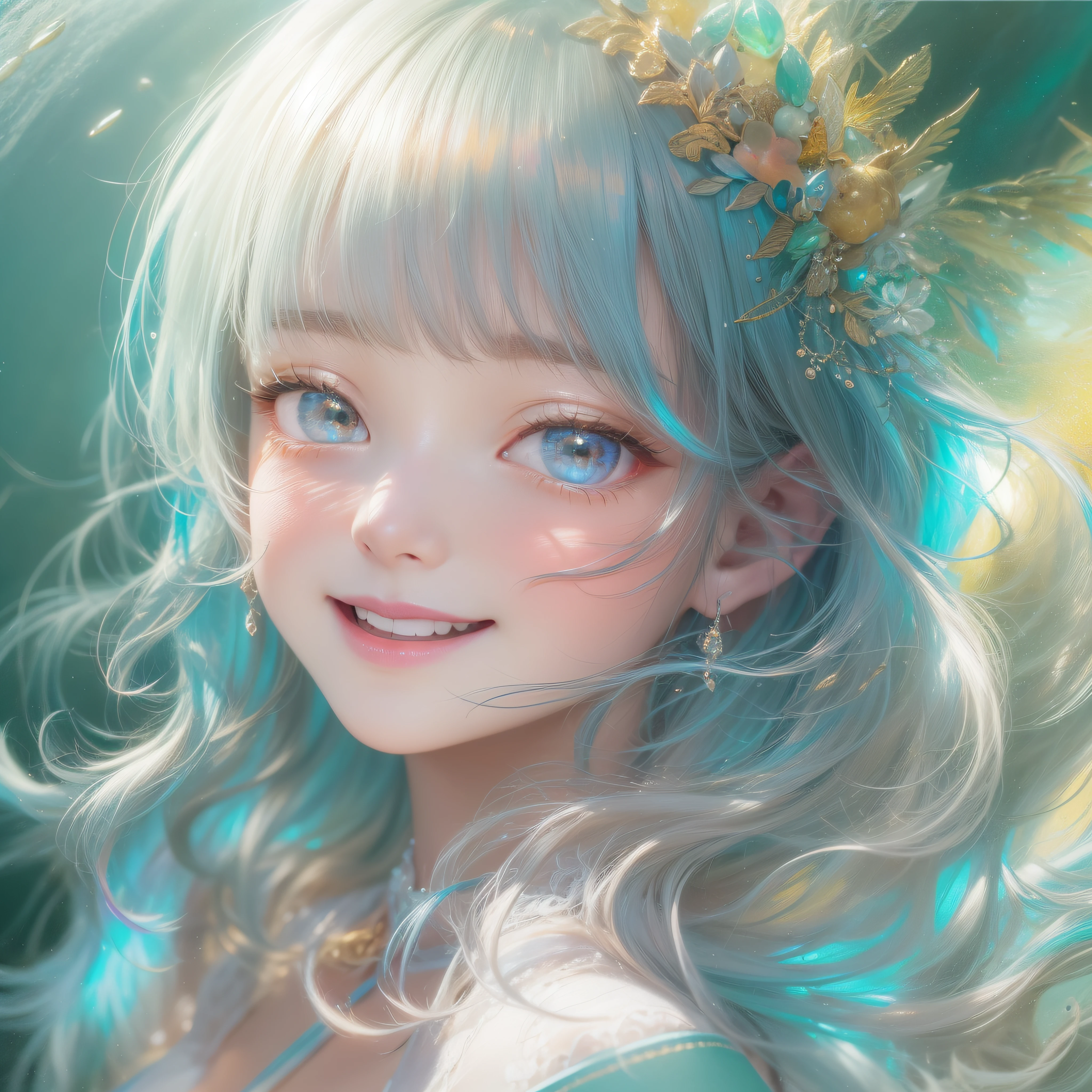 Close up of iridescent smile with open mouth、(realisitic、hight resolution)、(1 girl in)、Do-Up Eye、Korean Girl、(Best Quality), (masutepiece), (1girl in), Solo, a beauty girl, Perfect face, Big Breast,dreamlikeart、Highly detailed airbrush art((Surreal))、Volumetric lighting、(top-quality)、The ultra-detailliert、(The composition of the movement:1.4)、Highly detailed colorful details、(Bright lighting)、dynamic compositions、Ray traching、The mirror reflects light、Shallow depth of field、ultra-detailliert、mixing exposure、nffsw、Her eyes glow iridescent、Staring at the rainbow sea。Her iridescent face is、Full of adventure anticipation and courage.、A smile appears on her iridescent lips。 At the rear、The sun is slowly tilting to the west。Its light brings iridescent light to the surface of the sea、The swaying waves create a beautiful scene。Her eyes are clearly iridescent and shining。Lots of iridescent colors、