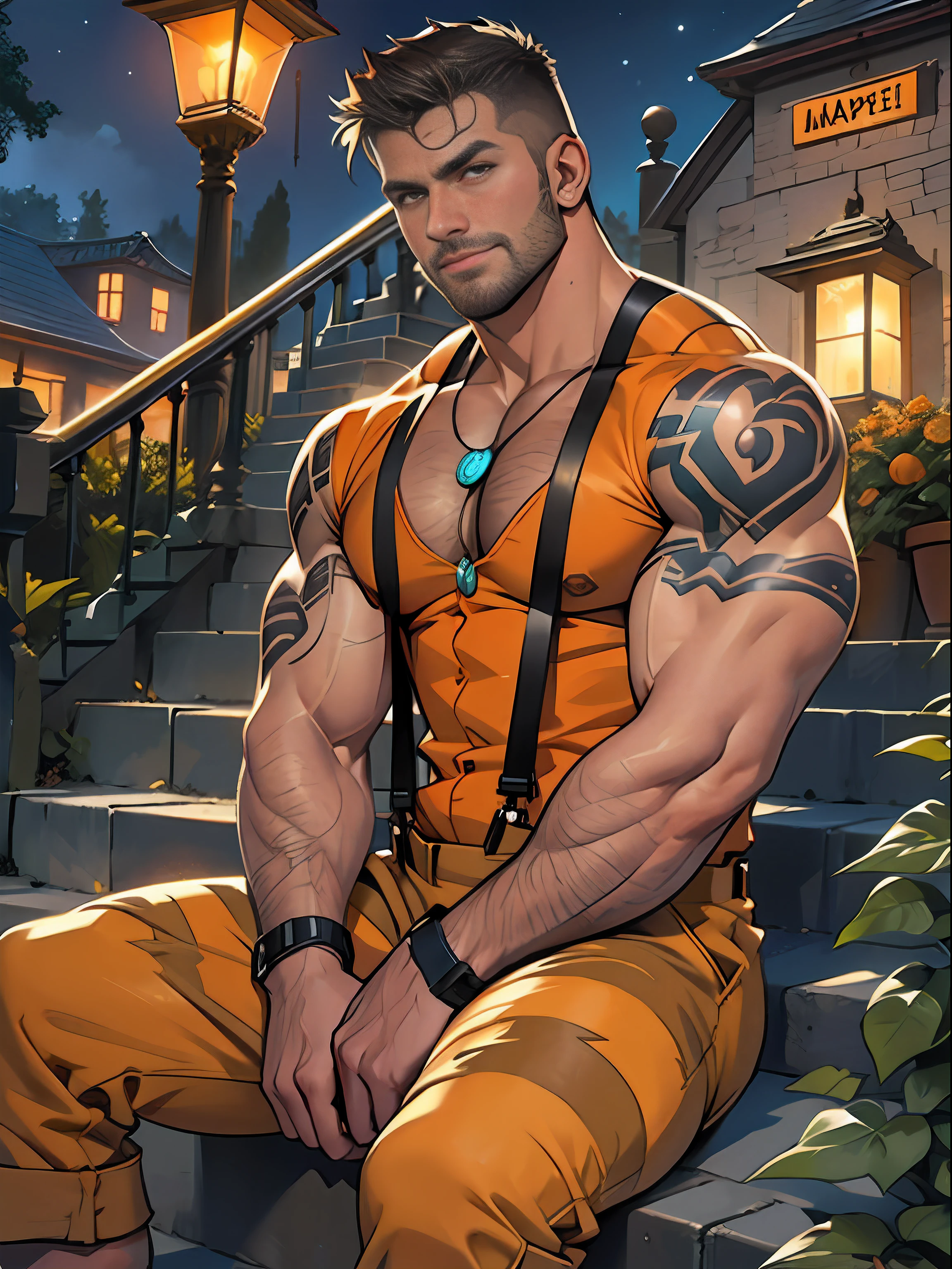 30 years old, big eyes, male, stubble, short hair, huge muscles, exaggerated muscles, mature man, muscle swelling, bodybuilding, pectoral muscles, abs, in the courtyard of European sculpture, jack-o'-lantern, orange striped shirt, open shirt, pumpkin badge, jack-o'-lantern necklace, orange suspenders, martin boots, natural light, wet, wheat-colored skin, 1man, tattoo on forearm, Halloween ornaments, night, sitting on steps