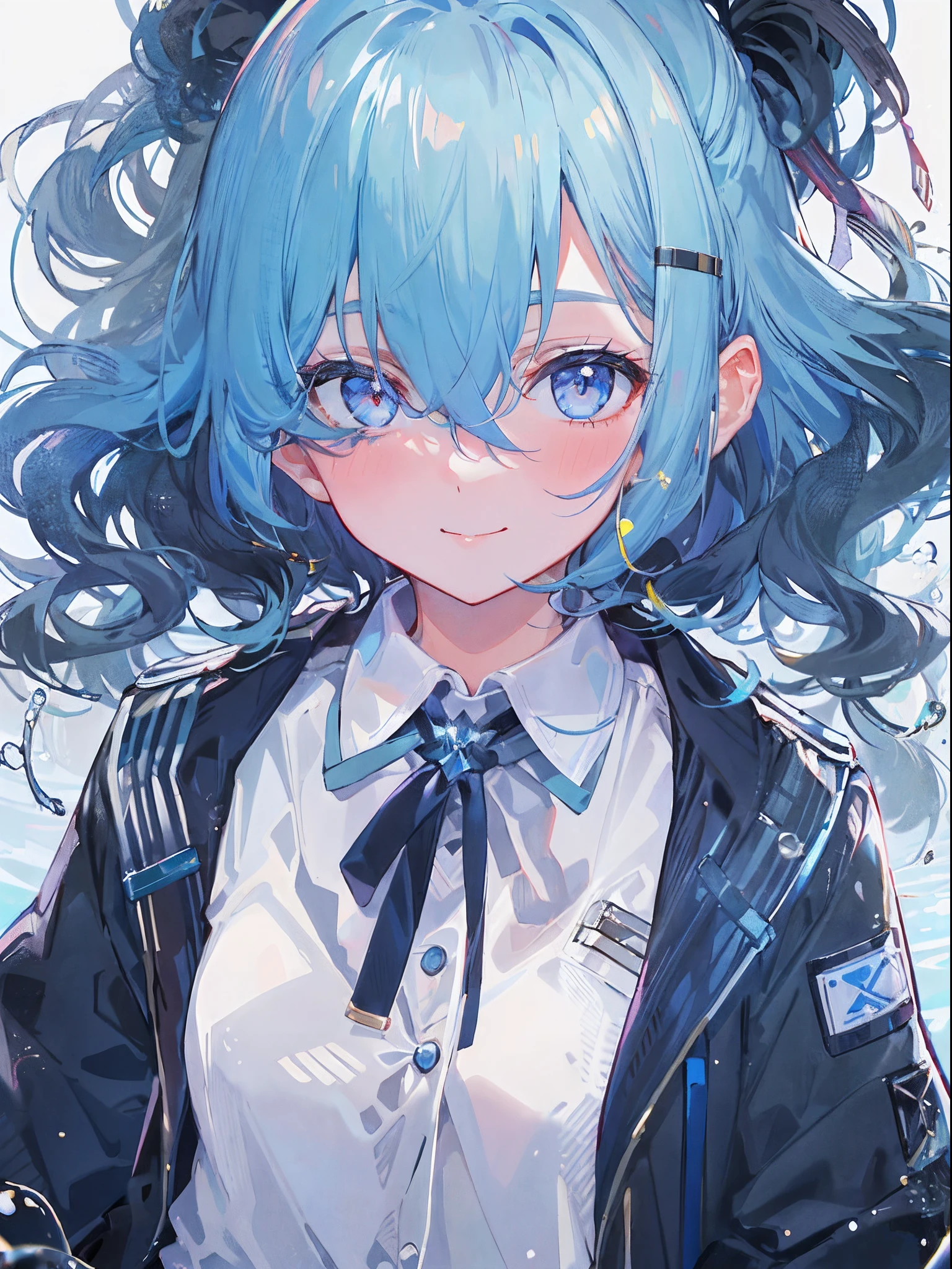 ((top-quality)), ((masterpiece)), ((ultra-detailliert)), (extremely delicate and beautiful), girl with, 独奏, cold attitude,((Black jacket)),She is very(relax)with the(Settled down)Looks,A dark-haired, depth of fields,evil smile,Bubble, under the water, Air bubble,bright light blue eyes,Inner color with light blue hair and dark blue tips,Cold background,Bob Hair - Linear Art, shortpants、knee high socks、White uniform like school uniform、Light blue ribbon ties、Clothes are sheer、Hands in pockets
