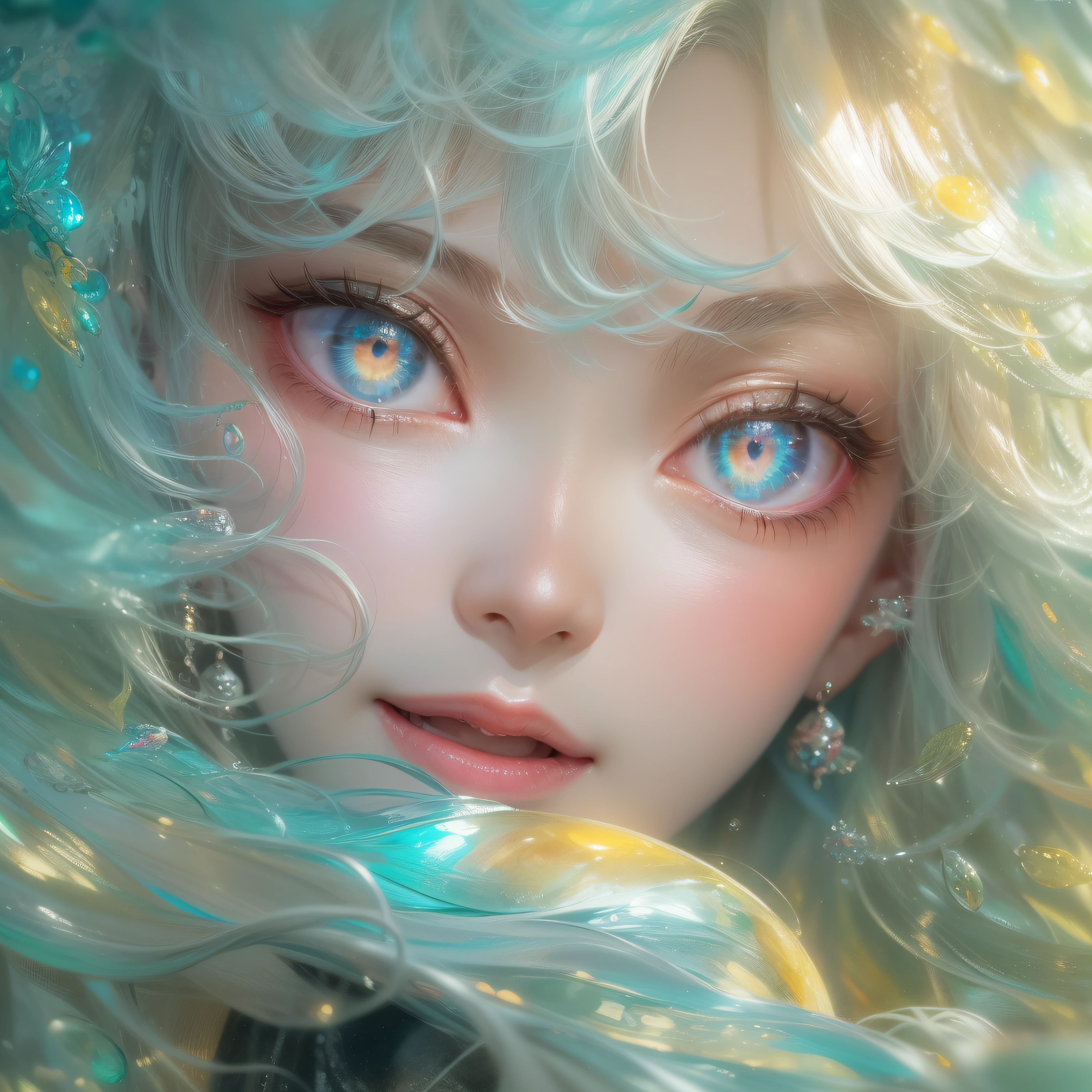 Close up of iridescent smile with open mouth、(realisitic、hight resolution)、(1 girl in)、Do-Up Eye、Korean Girl、(Best Quality), (masutepiece), (1girl in), Solo, a beauty girl, Perfect face, Big Breast,dreamlikeart、Highly detailed airbrush art((Surreal))、Volumetric lighting、(top-quality)、The ultra-detailliert、(The composition of the movement:1.4)、Highly detailed colorful details、(Bright lighting)、dynamic compositions、Ray traching、The mirror reflects light、Shallow depth of field、ultra-detailliert、mixing  exposure、nffsw、Her eyes glow iridescent、Staring at the rainbow sea。Her iridescent face is、Full of adventure anticipation and courage.、A smile appears on her iridescent lips。 At the rear、The sun is slowly tilting to the west。Its light brings iridescent light to the surface of the sea、The swaying waves create a beautiful scene。Her eyes are clearly iridescent and shining。Lots of iridescent colors、