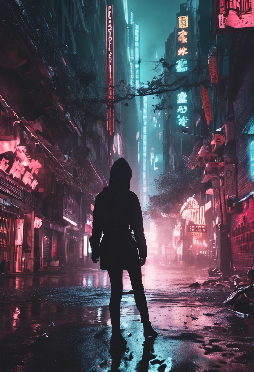 The woman was dressed in black,Stroll through the city streets in heavy rain,The lighting forms a double-hin font。