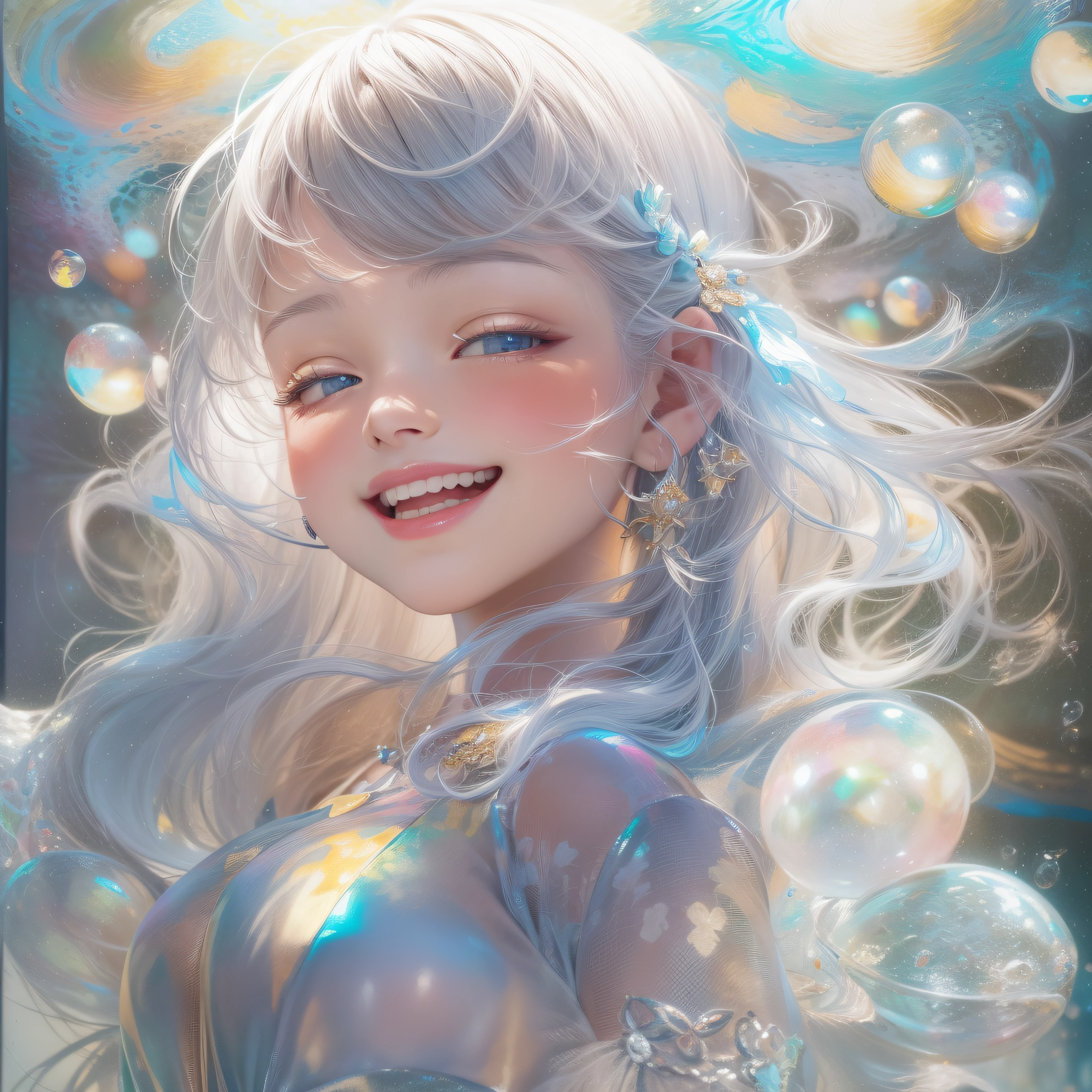 Close up of iridescent smile with open mouth、(realisitic、hight resolution)、(1 girl in)、Do-Up Eye、Korean Girl、(Best Quality), (masutepiece), (1girl in), Solo, a beauty girl, Perfect face, Big Breast,dreamlikeart、Highly detailed airbrush art((Surreal))、Volumetric lighting、(top-quality)、The ultra-detailliert、(The composition of the movement:1.4)、Highly detailed colorful details、(Bright lighting)、dynamic compositions、Ray traching、The mirror reflects light、Shallow depth of field、ultra-detailliert、mixing exposure、nffsw、Her eyes glow iridescent、Staring at the rainbow sea。Her iridescent face is、Full of adventure anticipation and courage.、A smile appears on her iridescent lips。 At the rear、The sun is slowly tilting to the west。Its light brings iridescent light to the surface of the sea、The swaying waves create a beautiful scene。Her eyes are clearly iridescent and shining。Lots of iridescent colors、