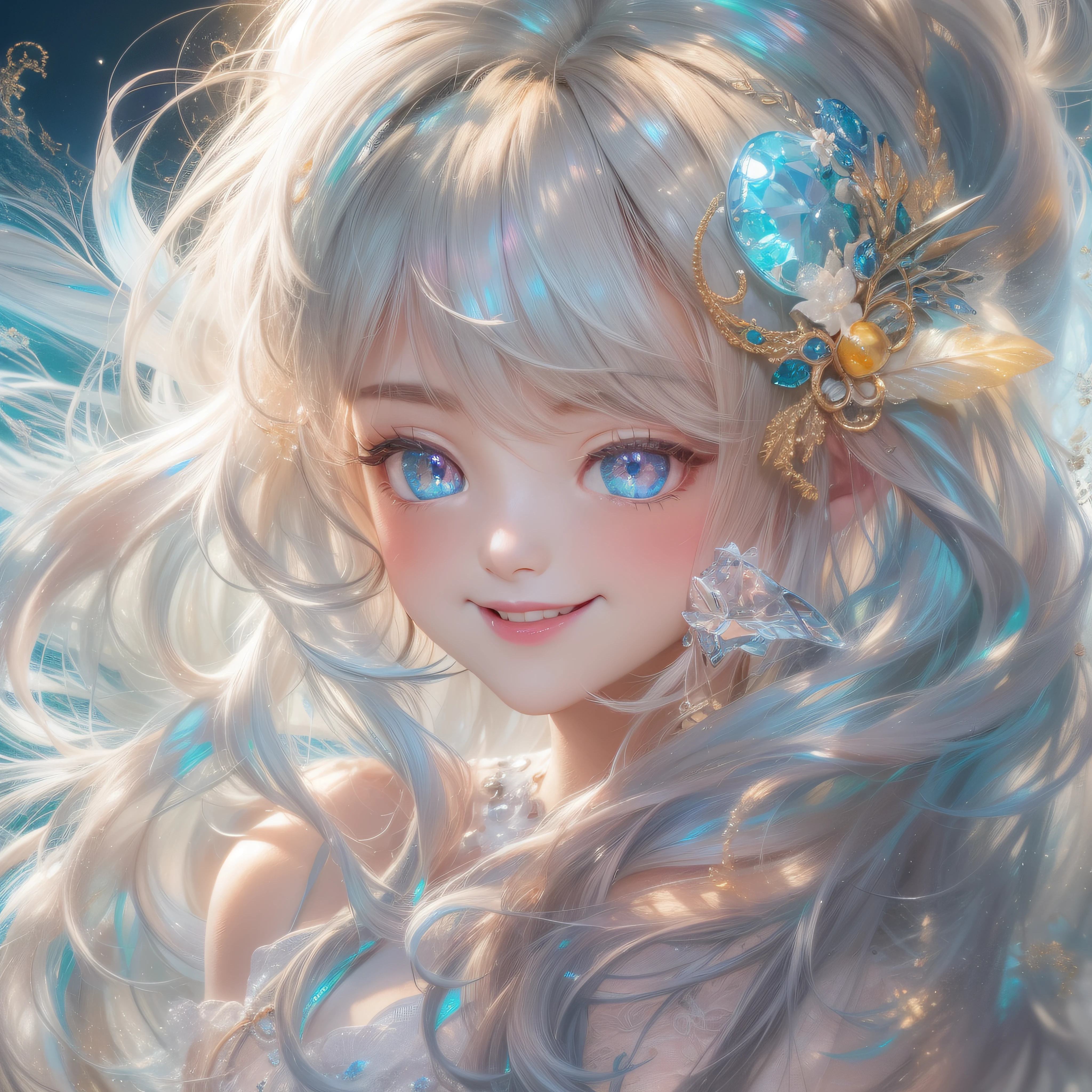 Close up of iridescent smile with open mouth、(realisitic、hight resolution)、(1 girl in)、Do-Up Eye、Korean Girl、(Best Quality), (masutepiece), (1girl in), Solo, a beauty girl, Perfect face, Big Breast,dreamlikeart、Highly detailed airbrush art((Surreal))、Volumetric lighting、(top-quality)、The ultra-detailliert、(The composition of the movement:1.4)、Highly detailed colorful details、(Bright lighting)、dynamic compositions、Ray traching、The mirror reflects light、Shallow depth of field、ultra-detailliert、mixing exposure、nffsw、Her eyes glow iridescent、Staring at the rainbow sea。Her iridescent face is、Full of adventure anticipation and courage.、A smile appears on her iridescent lips。 At the rear、The sun is slowly tilting to the west。Its light brings iridescent light to the surface of the sea、The swaying waves create a beautiful scene。Her eyes are clearly iridescent and shining。Lots of iridescent colors、