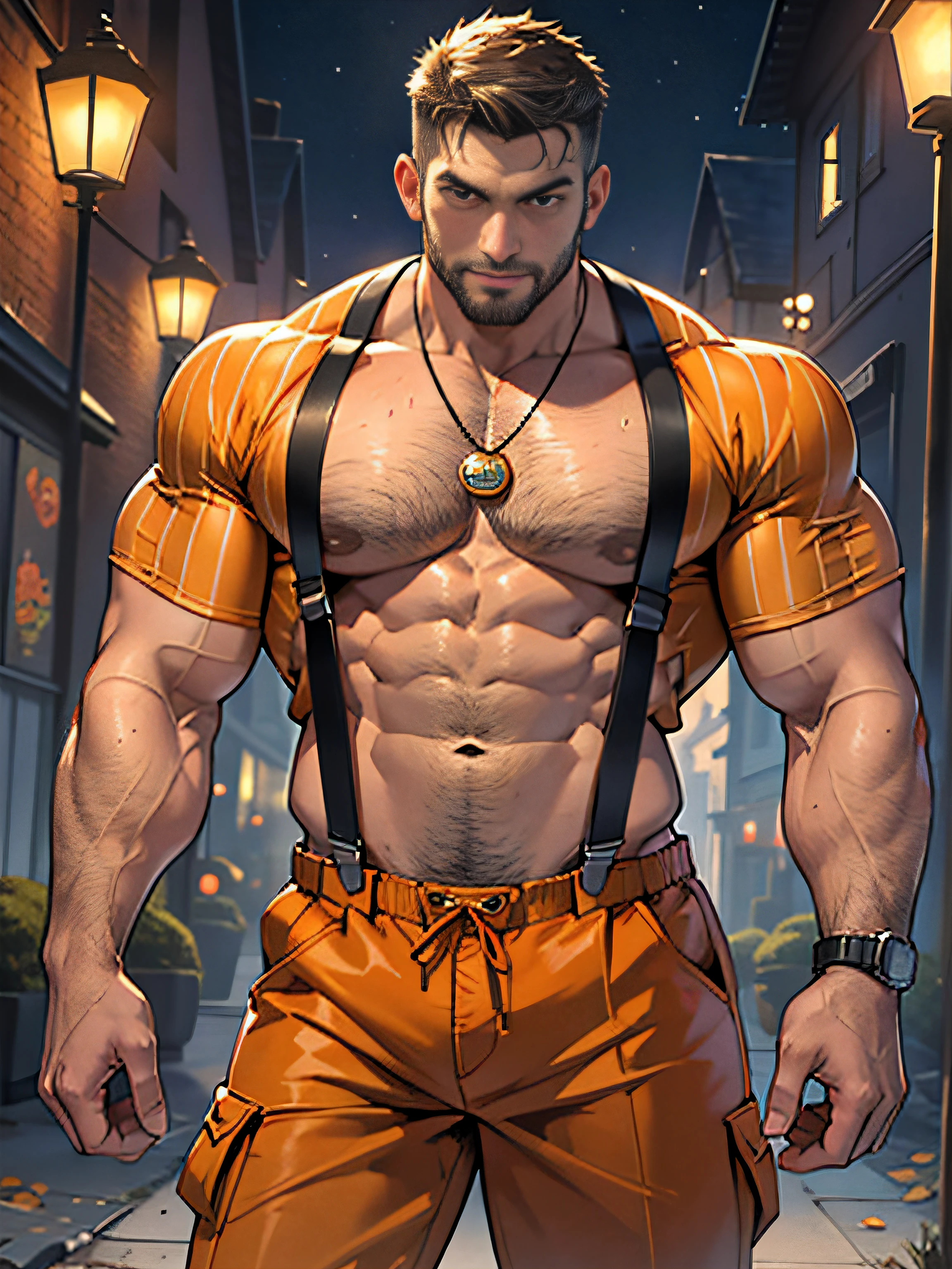 30 years old, big eyes, male, stubble, short hair, huge muscles, exaggerated muscles, mature man, muscle swelling, bodybuilding, pectoral muscles, abs, in the courtyard of European sculpture, jack-o'-lantern, orange striped shirt, open shirt, pumpkin badge, jack-o'-lantern necklace, orange suspenders, martin boots, natural light, wet, wheat-colored skin, 1man, tattoo on forearm, Halloween ornaments, night,
