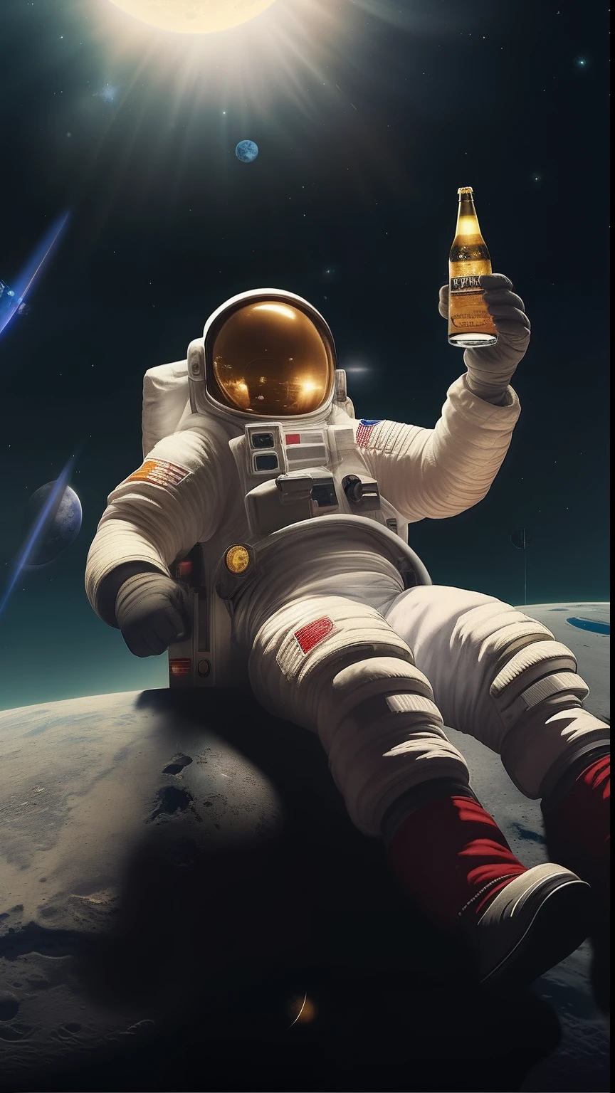 Astronaut in space with beer bottle and moon in background, An astronaut relaxing in space, Astronauta na Lua, cinematic beer, beer advertisement, astronauta, 🚀🚀🚀, Na lua, beber cerveja, beber uma cerveja, paper awesome wallpaper, lone astronaut, um astronautaa, Beeple e Tim Hildebrandt, na lua, HQ 4K papel de parede do telefone