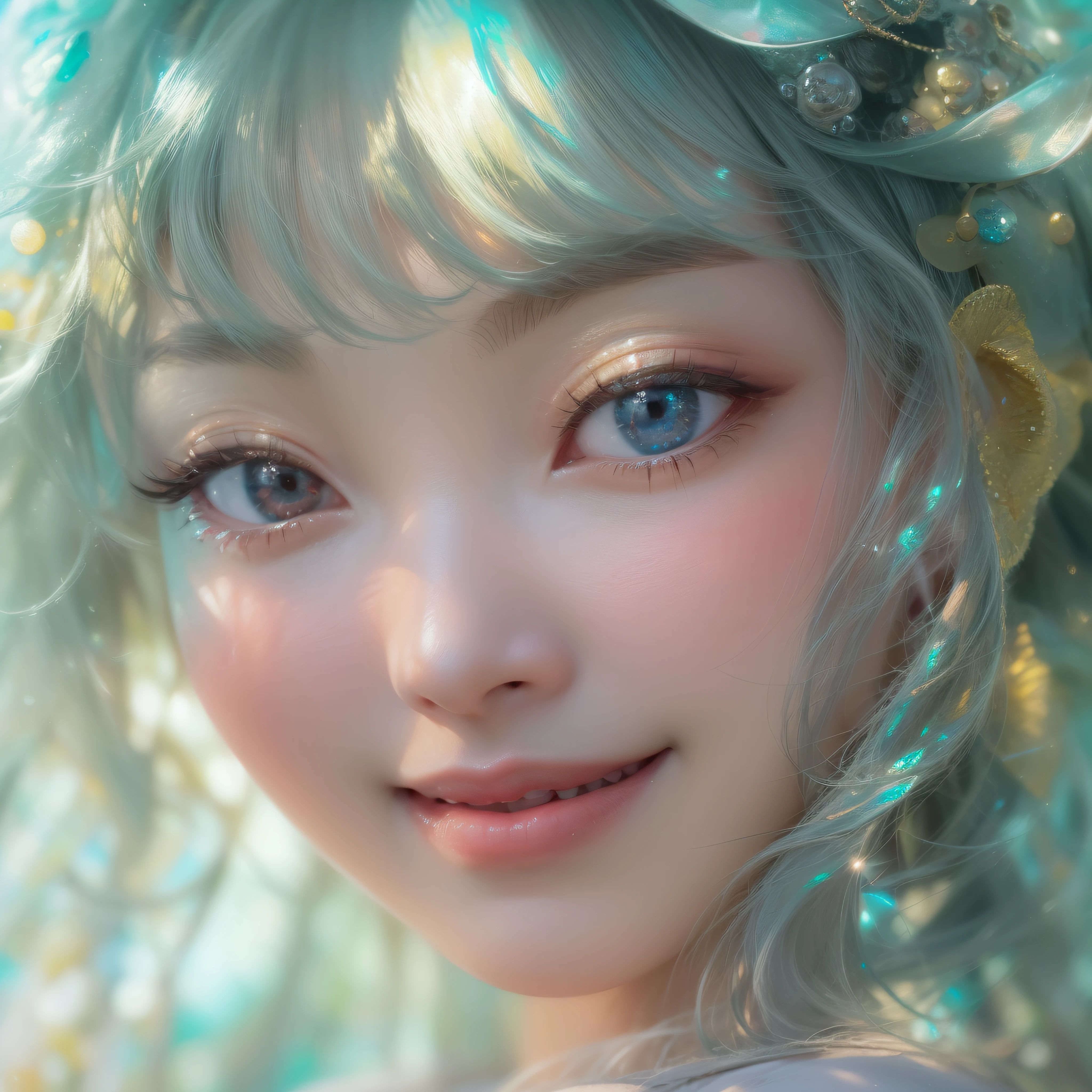 Close up of iridescent smile with open mouth、(realisitic、hight resolution)、(1 girl in)、Do-Up Eye、Korean Girl、(Best Quality), (masutepiece), (1girl in), Solo, a beauty girl, Perfect face, Big Breast,dreamlikeart、Highly detailed airbrush art((Surreal))、Volumetric lighting、(top-quality)、The ultra-detailliert、(The composition of the movement:1.4)、Highly detailed colorful details、(Bright lighting)、dynamic compositions、Ray traching、The mirror reflects light、Shallow depth of field、ultra-detailliert、mixing exposure、nffsw、Her eyes glow iridescent、Staring at the rainbow sea。Her iridescent face is、Full of adventure anticipation and courage.、A smile appears on her iridescent lips。 At the rear、The sun is slowly tilting to the west。Its light brings iridescent light to the surface of the sea、The swaying waves create a beautiful scene。Her eyes are clearly iridescent and shining。Lots of iridescent colors、