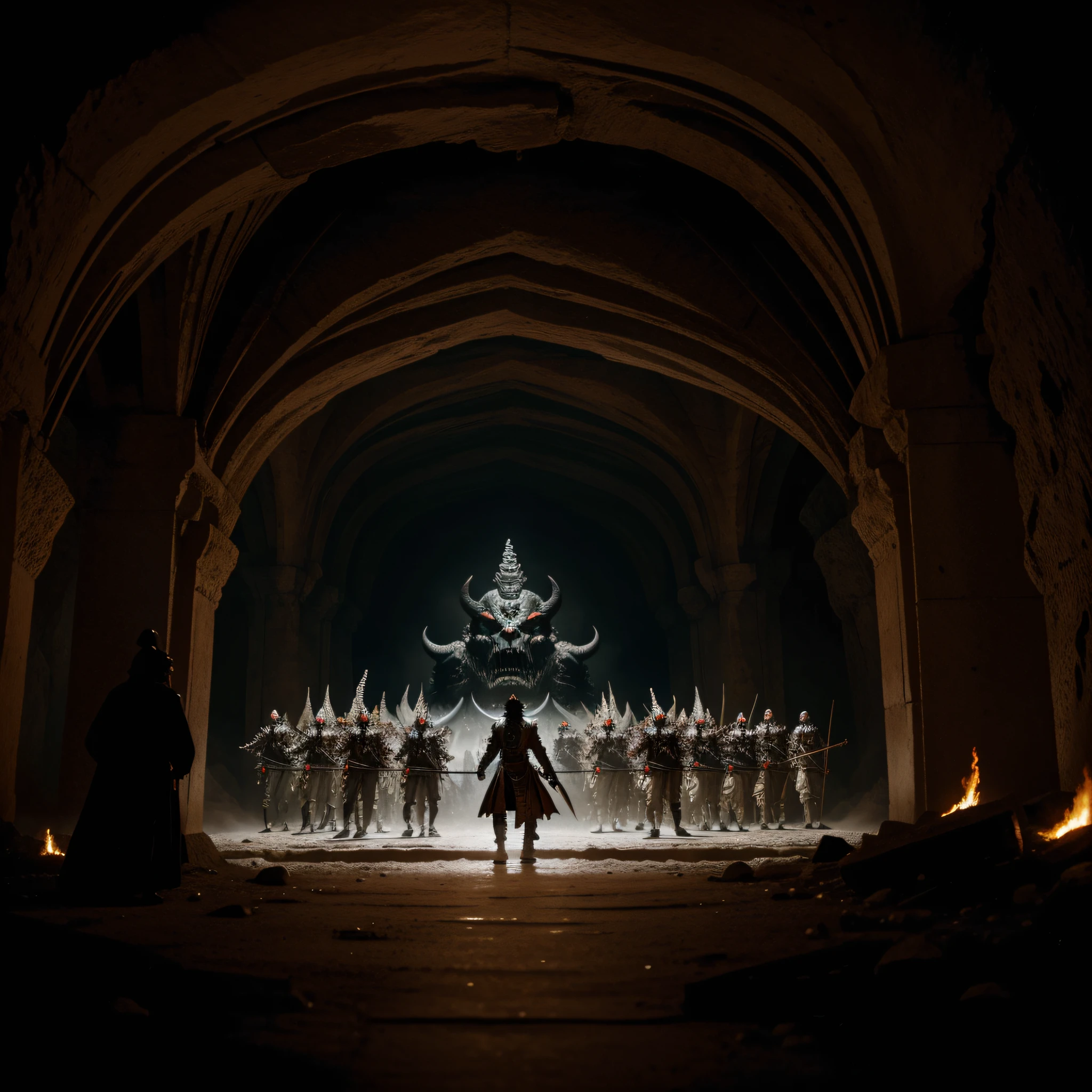 Wide shot long shor Hyper realistic photograph, cave, highly detailed, Hundred Demons, high detail faces, marching, horror, ghostly, cyberpunk, tech, ULTRAHD, 64k, Masterpiece
