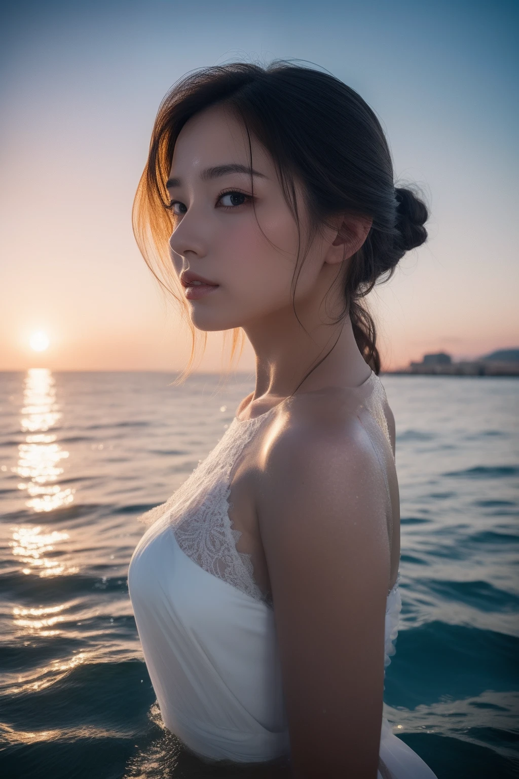 Wearing a white dress