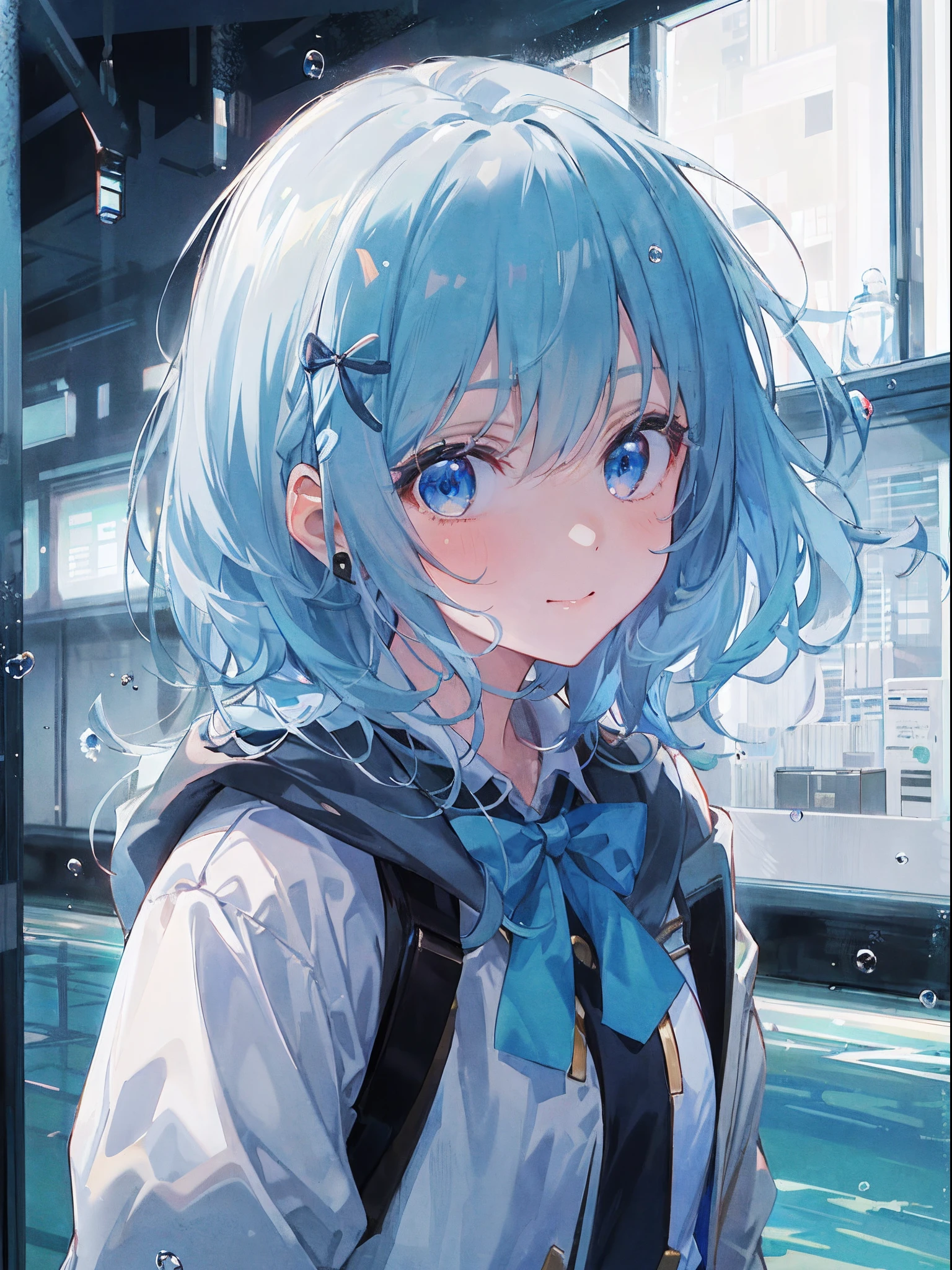 ((top-quality)), ((masterpiece)), ((ultra-detailliert)), (extremely delicate and beautiful), girl with, 独奏, cold attitude,((Black jacket)),She is very(relax)with the(Settled down)Looks,A dark-haired, depth of fields,evil smile,Bubble, under the water, Air bubble,bright light blue eyes,Inner color with light blue hair and dark blue tips,Cold background,Bob Hair - Linear Art, shortpants、knee high socks、White uniform like school uniform、Light blue ribbon ties、Clothes are sheer、Hands in pockets