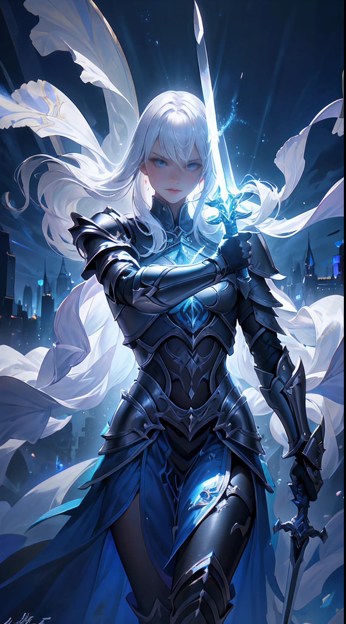 "An awesome paladin wields a sword full of light, Exudes powerful light magic. Set in a dark and mysterious cityscape, Illuminated by the light of the Paladin's Sword. The composition is professionally crafted, Amazing attention to detail and cinematic lighting. The overall aesthetic is reminiscent of Fujifilm photography, Capture the beauty and depth of the scene."