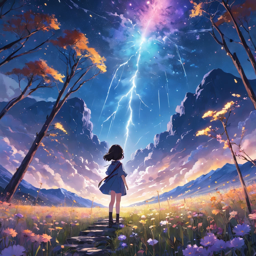 By Shinkai Makoto, Vast landscape photos , (View from below，Displays the sky above and clear below), a girl standing on flower field looking up, (fullmoon:1.2), ( meteors:0.9), (Starcloud:1.3), Far Mountain, Tree Break Production Art, (Warm light source:1.2), (firefly:1.2), lamp lights, Lots of purple and blue, Intricate details, Volumetric Lighting BREAK (masutepiece:1.2), (Best Quality), 4K, Ultra-detailed, (dynamic compositions:1.4), Highly detailed, Colorful Detail,( Iridescent colors:1.2), (Luminous lighting, Atmospheric lighting), Dreamy, Magical, (Solo:1.2)