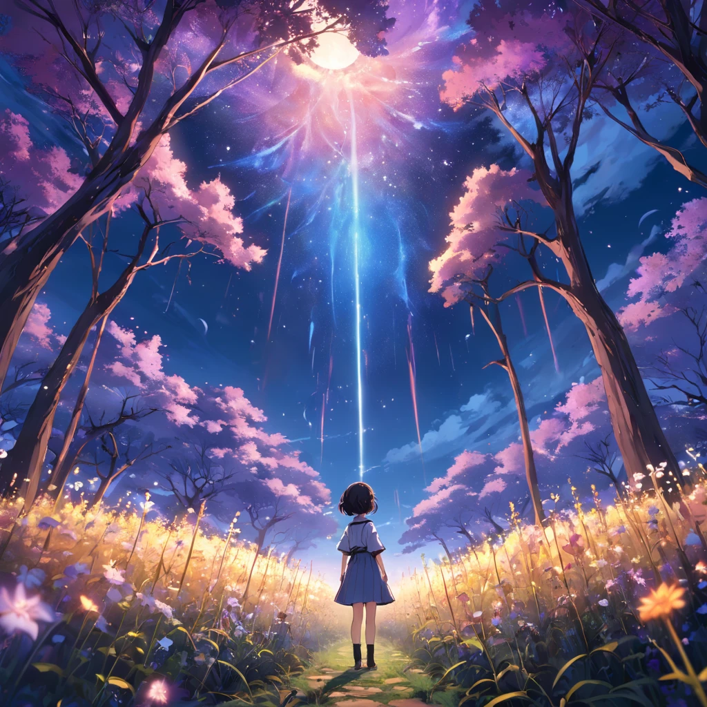 By Shinkai Makoto, Vast landscape photos , (View from below,Displays the sky above and clear below), a girl standing on flower field looking up, (fullmoon:1.2), ( meteors:0.9), (Starcloud:1.3), Far Mountain, Tree Break Production Art, (Warm light source:1.2), (firefly:1.2), lamp lights, Lots of purple and blue, Intricate details, Volumetric Lighting BREAK (masutepiece:1.2), (Best Quality), 4K, Ultra-detailed, (dynamic compositions:1.4), Highly detailed, Colorful Detail,( Iridescent colors:1.2), (Luminous lighting, Atmospheric lighting), Dreamy, Magical, (Solo:1.2)