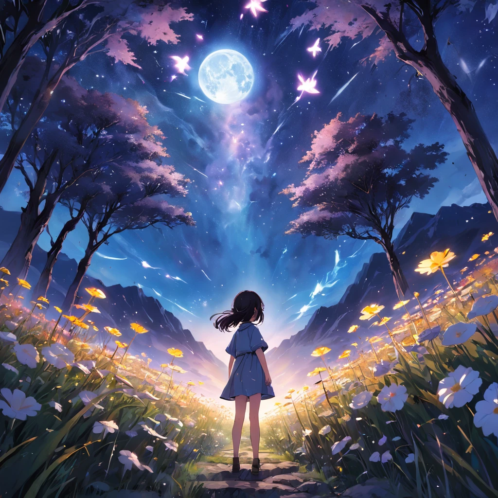 By Shinkai Makoto, Vast landscape photos , (View from below,Displays the sky above and clear below), a girl standing on flower field looking up, (fullmoon:1.2), ( meteors:0.9), (Starcloud:1.3), Far Mountain, Tree Break Production Art, (Warm light source:1.2), (firefly:1.2), lamp lights, Lots of purple and blue, Intricate details, Volumetric Lighting BREAK (masutepiece:1.2), (Best Quality), 4K, Ultra-detailed, (dynamic compositions:1.4), Highly detailed, Colorful Detail,( Iridescent colors:1.2), (Luminous lighting, Atmospheric lighting), Dreamy, Magical, (Solo:1.2)