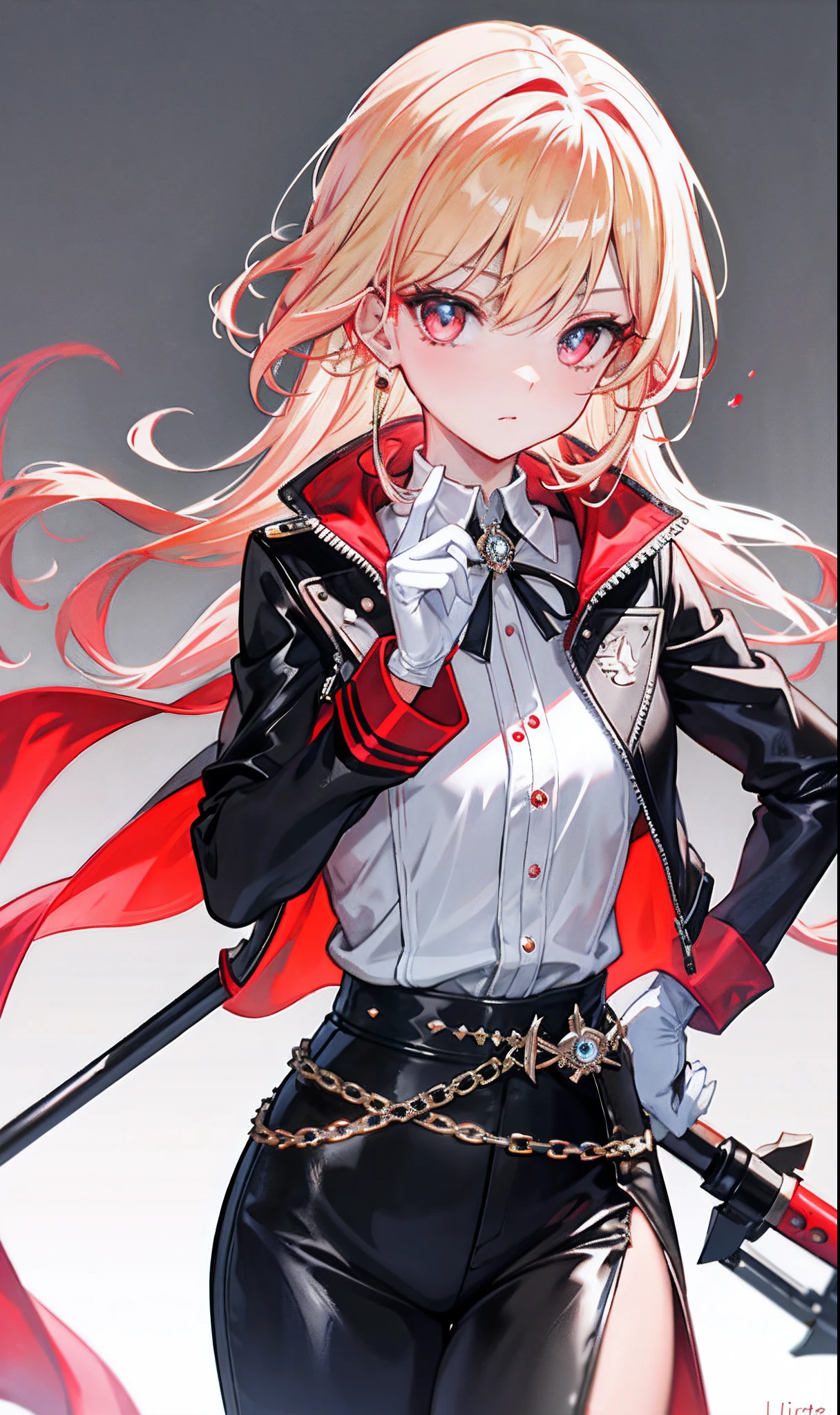 (tmasterpiece,Sideslit,Beautiful eyes:1.2),(tmasterpiece*sportrait),sportrait,busts,(busts),Lifelike,Anatomical correct,3D脸,luscious skin,(Solo),Blonde hair and pickaxe dyeing,Gradient hair,(closeup of face),Lovely face,(Fire opal-like scarlet eyes),Hanging eye corners,((highdetailskin,Visible pores)),(Perfect body),beuaty girl,little breast,((Women's super short shawl leather jacket)),((Ladies_Made_Costume)),(ear studs),(Neck strap),very short gloves,(chain)