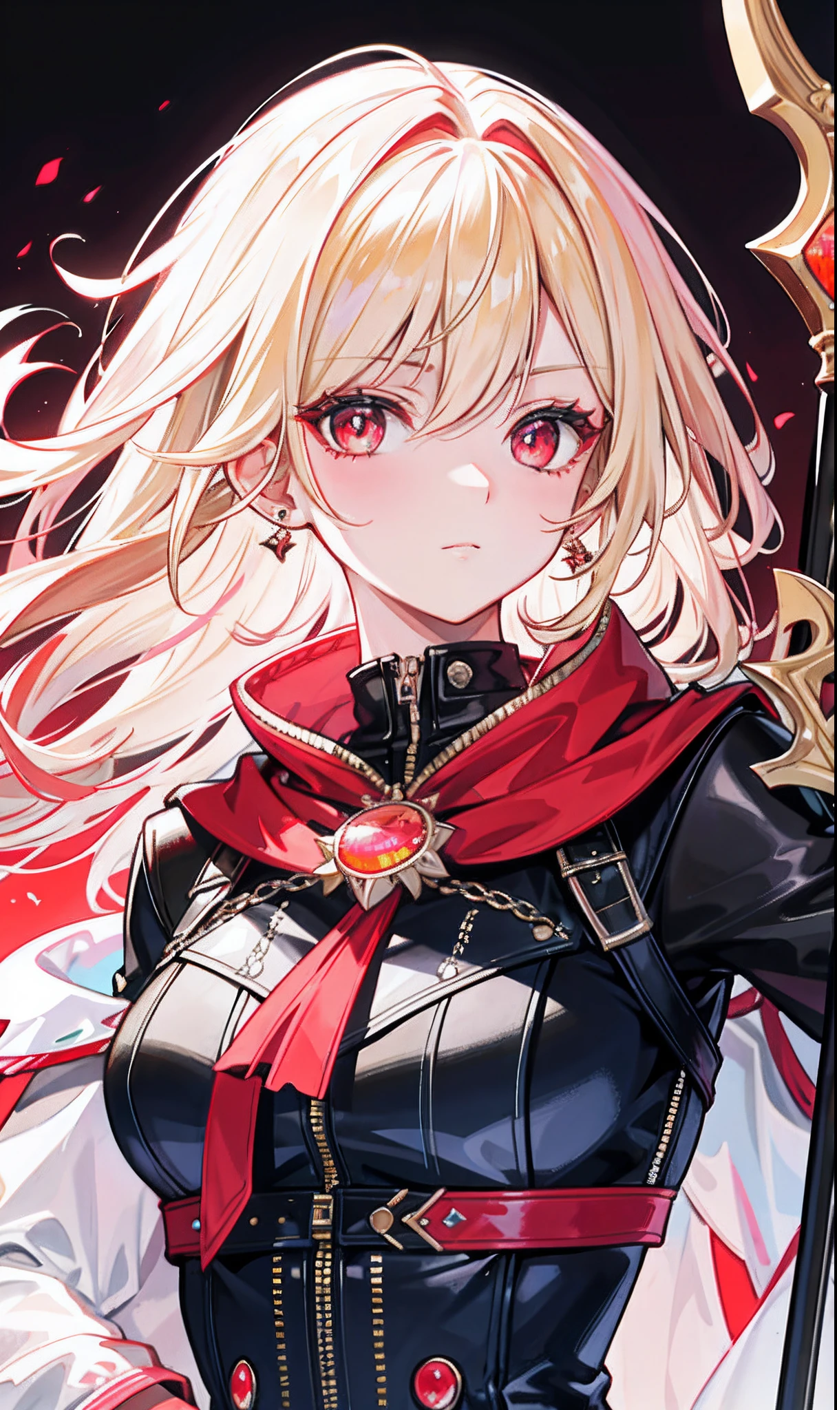 (tmasterpiece,Sideslit,Beautiful eyes:1.2),(tmasterpiece*sportrait),sportrait,busts,(busts),Lifelike,Anatomical correct,3D脸,luscious skin,(Solo),Blonde hair and pickaxe dyeing,Gradient hair,(closeup of face),Lovely face,(Fire opal-like scarlet eyes),Hanging eye corners,((highdetailskin,Visible pores)),(Perfect body),beuaty girl,little breast,((Women's super short shawl leather jacket)),((Ladies_Made_Costume)),(ear studs),(Neck strap),very short gloves,(chain)