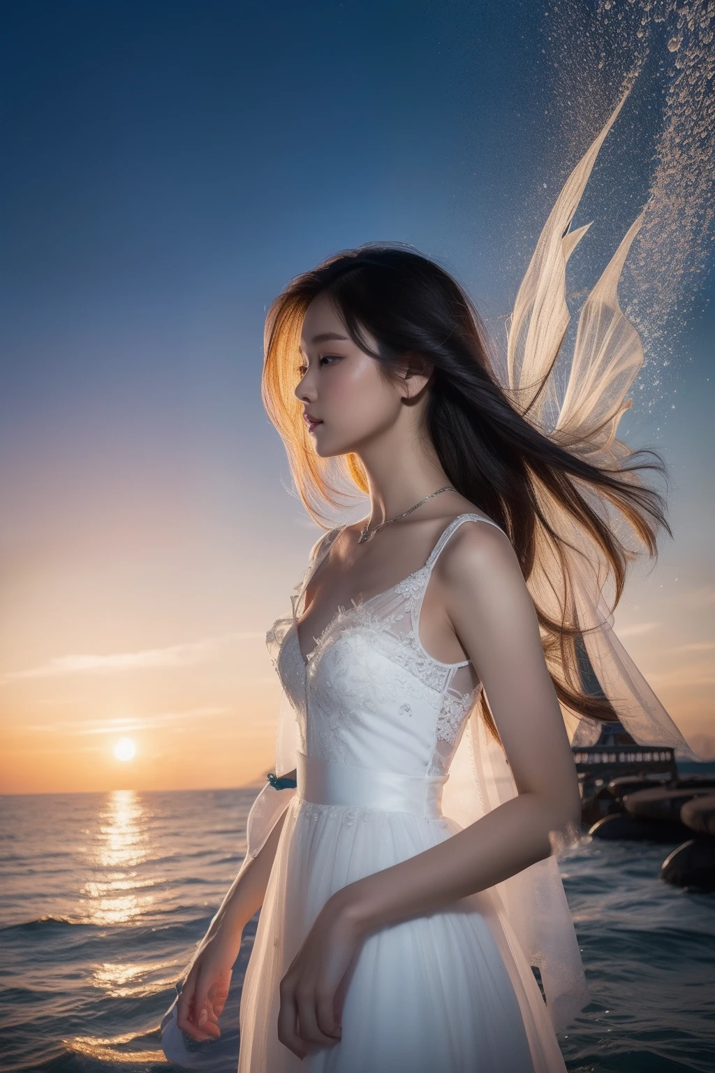 Wearing a white dress