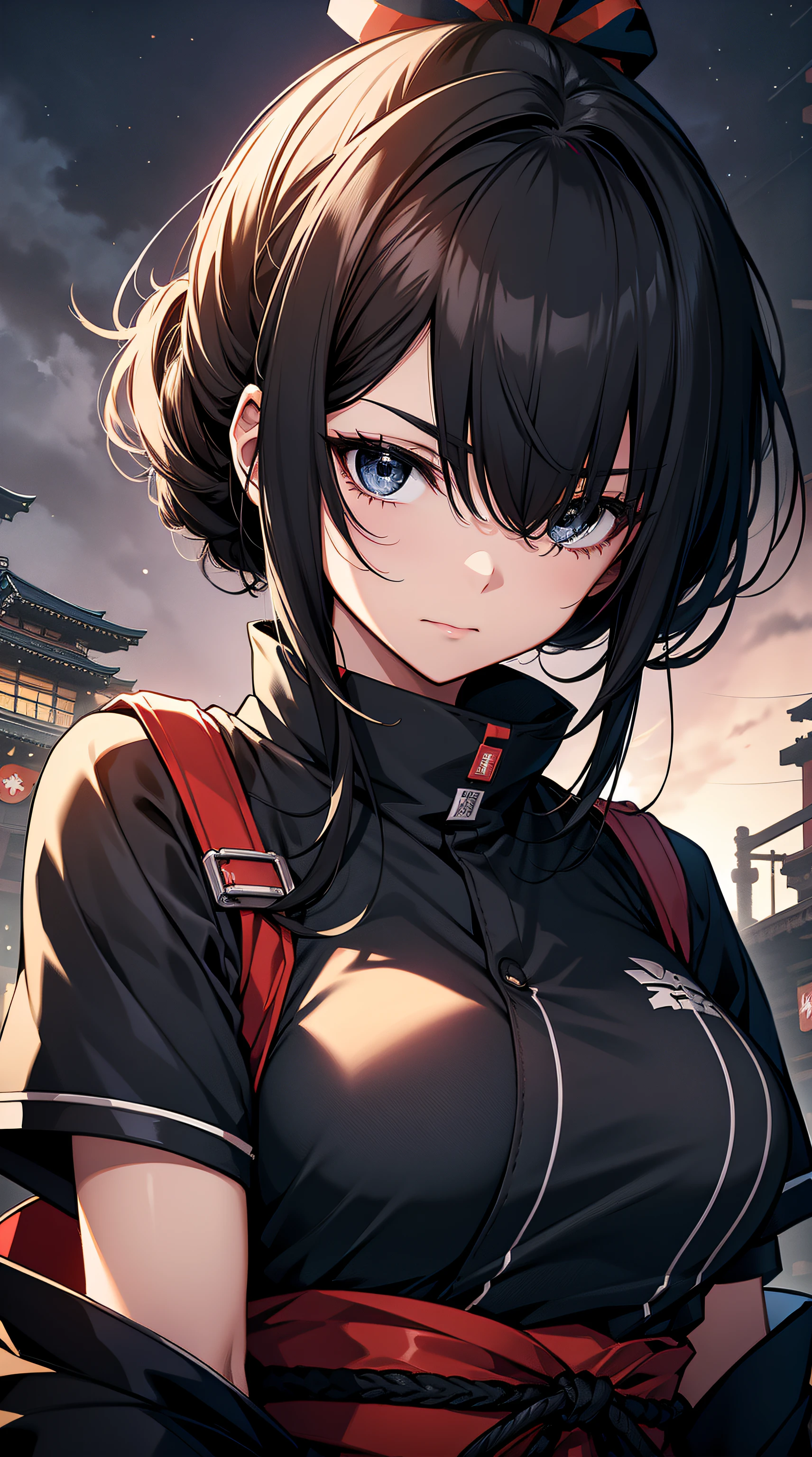 top-quality、Top image quality、masterpiece、Mecha Girl((18year old、Black short-sleeved ninja uniform,Best Bust、Bust 100、A dark-haired、poneyTail、Breasts wide open,You can see a large valley、Black eye、Strong eye power、Go to Viewer、Black Hachimaki、holding a katana))hiquality、visualart、Background with((World of Japan、Black sky))、