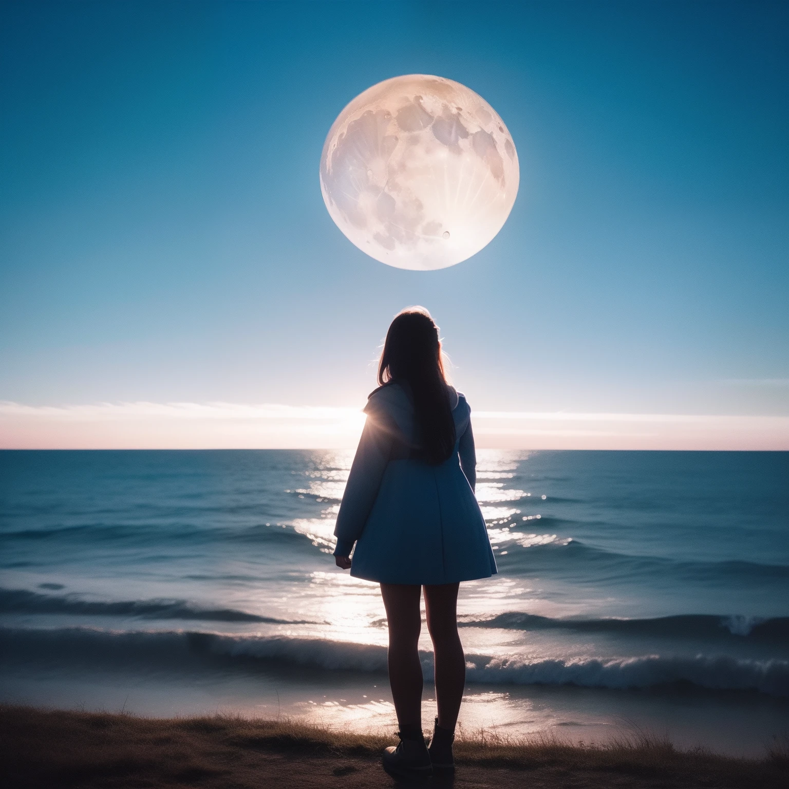 Best quality, masterpiece, professional award winning photo of super blue moon lit on the beautiful horizon where a silhouette of girl looking at the sky