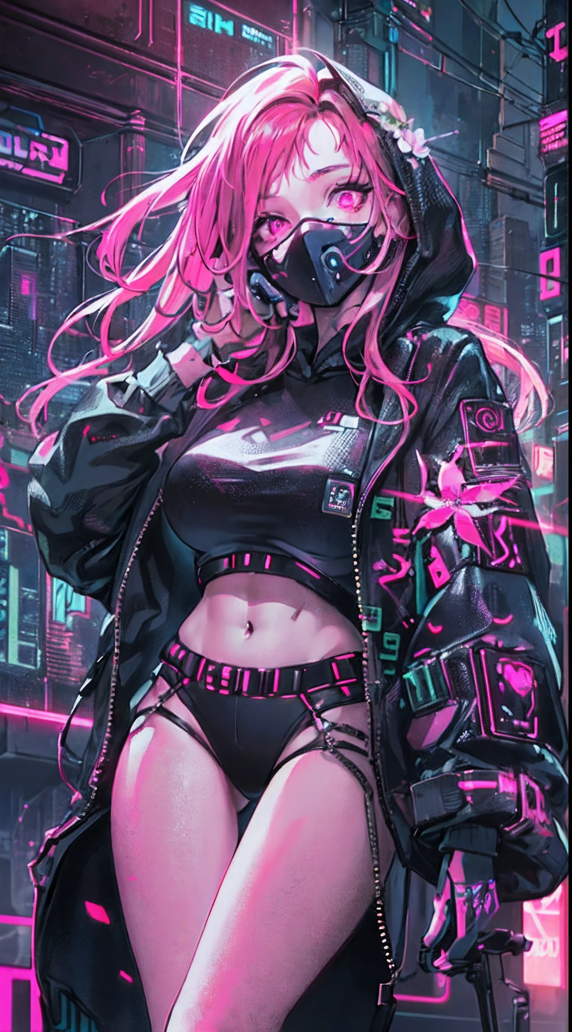 (1girl in)、(Plump beauty)、(huge-breasted)、(30-years old)、(Very Long Pink Hair)、(Top image quality)、(8K picture quality)、(cyberpunked)、(masutepiece)、 (Flickering of light)、(Wear a shiny cyberpunk hooded military uniform)、(confident grin:1.2)、(an eye patch)、(Full body photo)、(Flowers that shine with excess turbulence々:1.5)、cinematric light, Cinema Shadow, Sharp Image, Extremely detailed, Volumetric, Bright sprites, particles effect, beautiful effects, Vivid colors, neons, (Neon light:1.5), Highly detailed image textures, detailed hairs, Detailed face, Detailed eyes, Full body photo, city、Dark hair、Eyes glow、Sparkling red aura、Photo from the knee up、beautiful effects, Vivid colors, Highly detailed image textures, detailed hairs, Detailed eyes,(Cyberpunk cityscape:1.5)、
