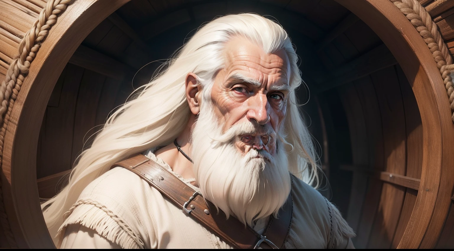 Um homem de 68anos, cabelos brancos curtos, barba. Dentro de grande barco. Ark of Noah