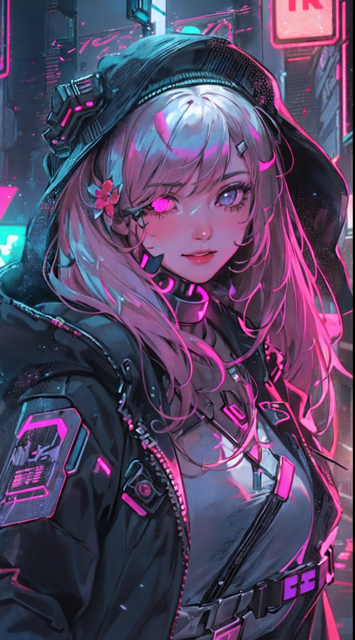 (1girl in)、(Plump beauty)、(huge-breasted)、(30-years old)、(Very Long Pink Hair)、(Top image quality)、(8K picture quality)、(cyberpunked)、(masutepiece)、 (Flickering of light)、(Wear a shiny cyberpunk hooded military uniform)、(confident grin:1.2)、(an eye patch)、(Full body photo)、(Flowers that shine with excess turbulence々:1.5)、cinematric light, Cinema Shadow, Sharp Image, Extremely detailed, Volumetric, Bright sprites, particles effect, beautiful effects, Vivid colors, neons, (Neon light:1.5), Highly detailed image textures, detailed hairs, Detailed face, Detailed eyes, Full body photo, city、Dark hair、Eyes glow、Sparkling red aura、Photo from the knee up、beautiful effects, Vivid colors, Highly detailed image textures, detailed hairs, Detailed eyes,(Cyberpunk cityscape:1.5)、