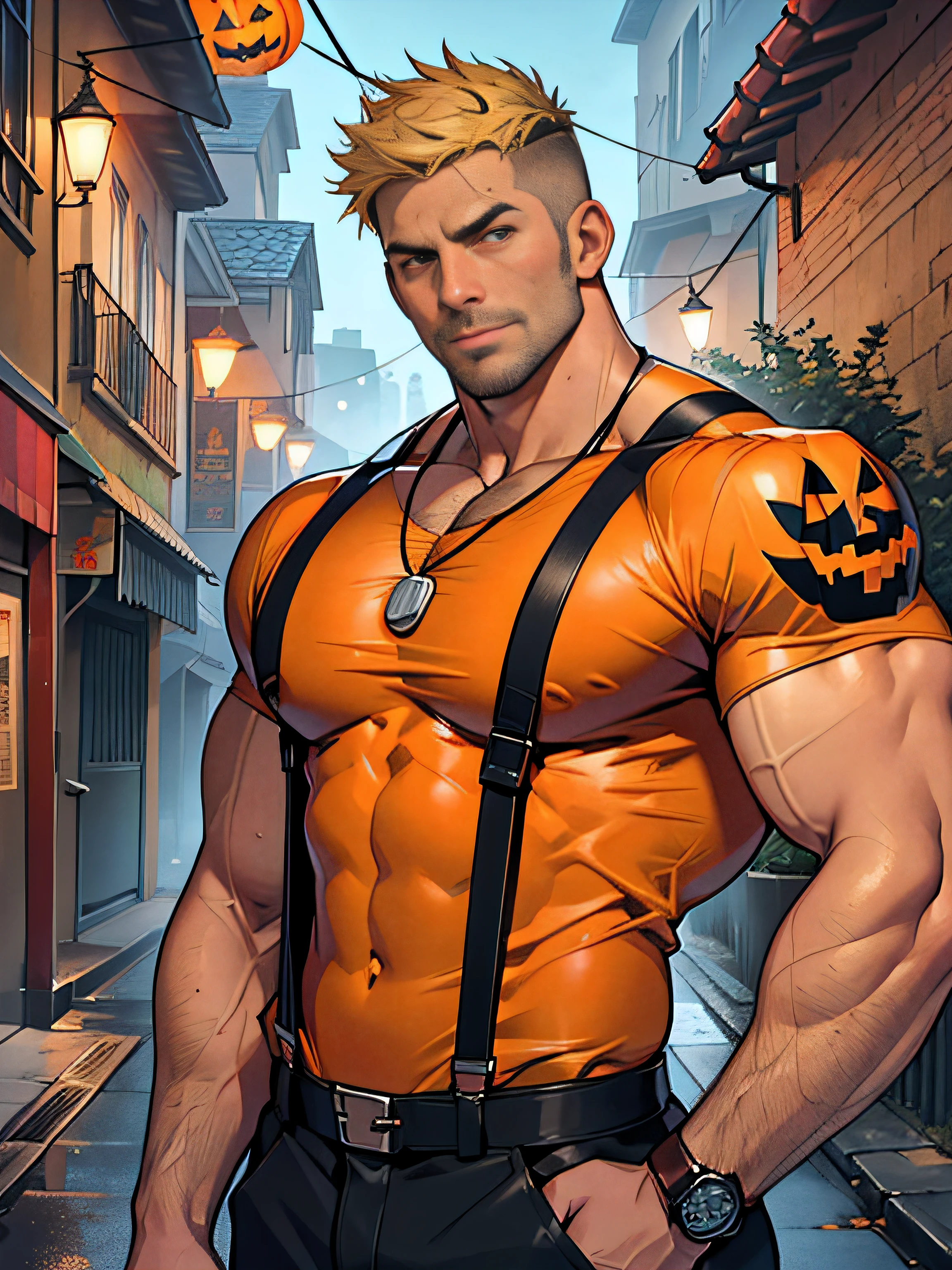 30 years old, big eyes, male, stubble, short hair, huge muscles, exaggerated muscles, mature man, muscle swelling, bodybuilding, pectoral muscles, abs, in the courtyard of European sculpture, jack-o'-lantern, orange striped shirt, open shirt, pumpkin badge, jack-o'-lantern necklace, orange suspenders, martin boots, natural light, wet, wheat-colored skin, 1man, tattoo on forearm, Halloween ornaments, night,