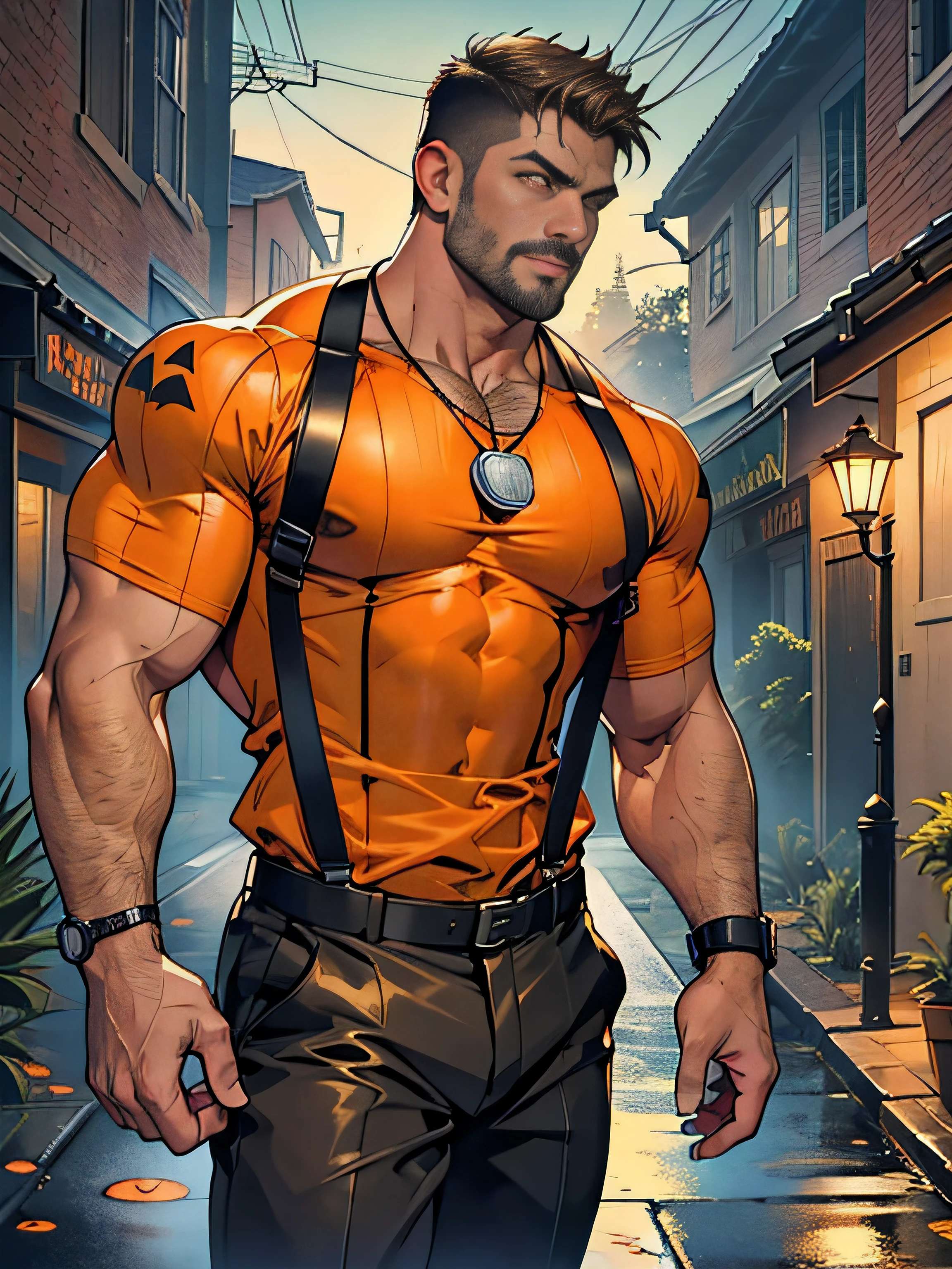 30 years old, big eyes, male, stubble, short hair, huge muscles, exaggerated muscles, mature man, muscle swelling, bodybuilding, pectoral muscles, abs, in the courtyard of European sculpture, jack-o'-lantern, orange striped shirt, open shirt, pumpkin badge, jack-o'-lantern necklace, orange suspenders, martin boots, natural light, wet, wheat-colored skin, 1man, tattoo on forearm, Halloween ornaments, night,
