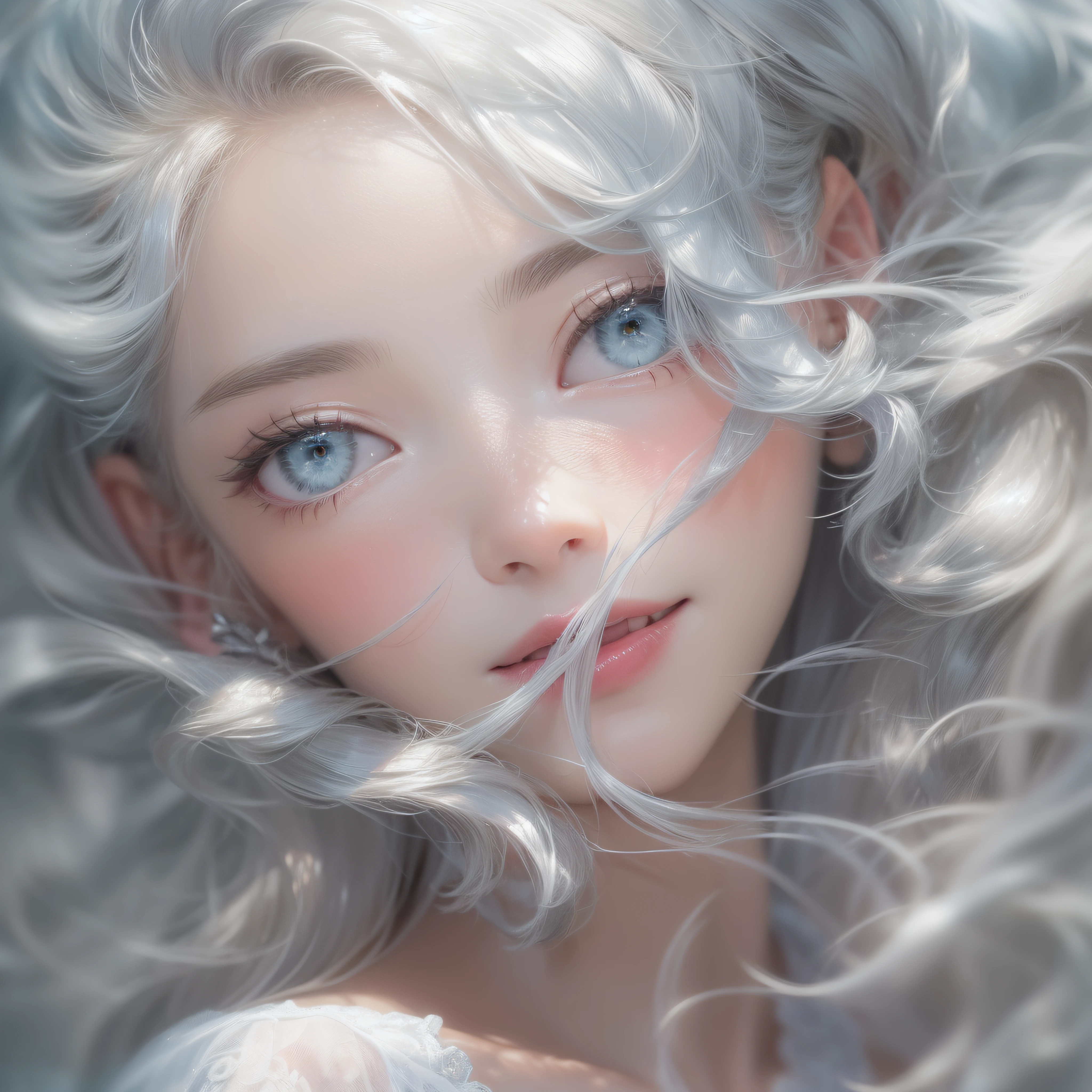 Close up of silver smile with open mouth、(realisitic、hight resolution)、(1 girl in)、Do-Up Eye、Korean Girl、(Best Quality), (masutepiece), (1girl in), Solo, a beauty girl, Perfect face, Big Breast,dreamlikeart、Highly detailed airbrush art((Surreal))、Volumetric lighting、(top-quality)、The ultra-detailliert、(The composition of the movement:1.4)、Highly detailed colorful details、(Bright lighting)、dynamic compositions、Ray traching、The mirror reflects light、Shallow depth of field、ultra-detailliert、mixing exposure、nffsw、Her eyes shine silver、Staring at the silvery sea。Her silvery face is、Full of adventure anticipation and courage.、A smile appears on her silvery lips。 At the rear、The sun is slowly tilting to the west。Its light brings silvery light to the surface of the sea、The swaying waves create a beautiful scene。Her eyes are clearly shining with silver。Lots of silver、