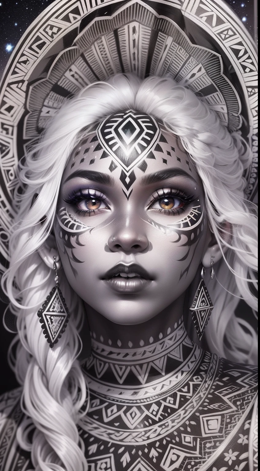 colouring book page, black and white, 32k, full body view, very beautiful tribal brown skin girl with excessive intricately detailed vivdly black and white facepaint bodypaint makeup, stunning radiant eyes, gorgeous white hair with highlights, magical night sky background