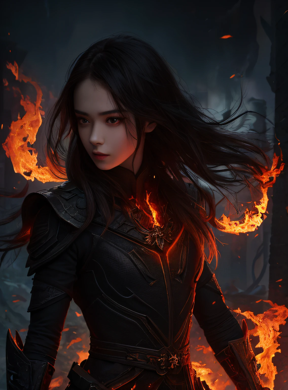 masterpiece, highest quality, dragonlady queen, bright red glowing eyes, detailed eyes (1.4), scars on face, villainous expression, flaming skin body with bioluminescent glowing pattern, ready for battle, blurred stormy background, dark atmosphere, lighting in background,full body,