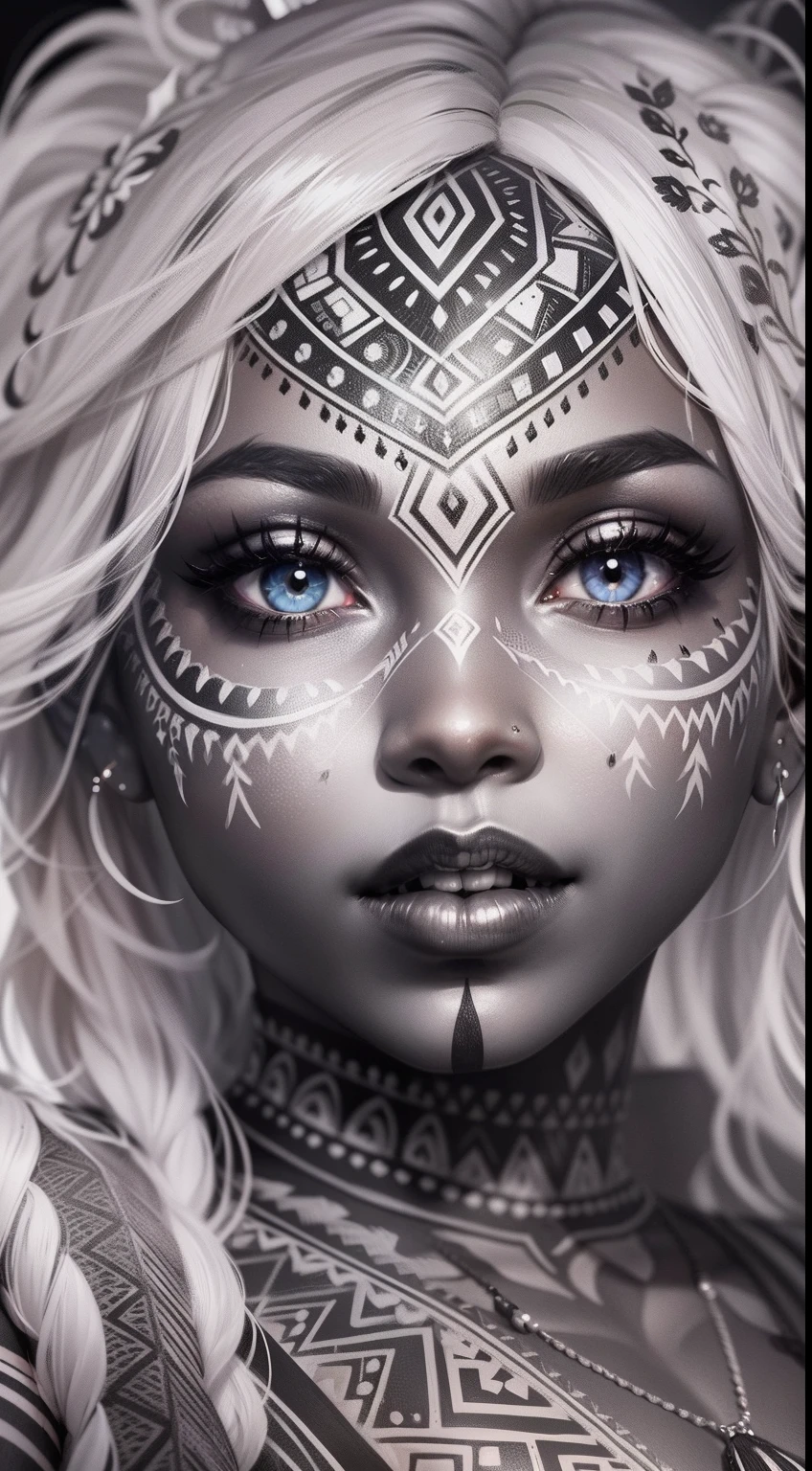 colouring book page, black and white, 32k, full body view, very beautiful tribal brown skin girl with excessive intricately detailed vivdly black and white facepaint bodypaint makeup, stunning radiant eyes, gorgeous white hair with highlights, magical night sky background