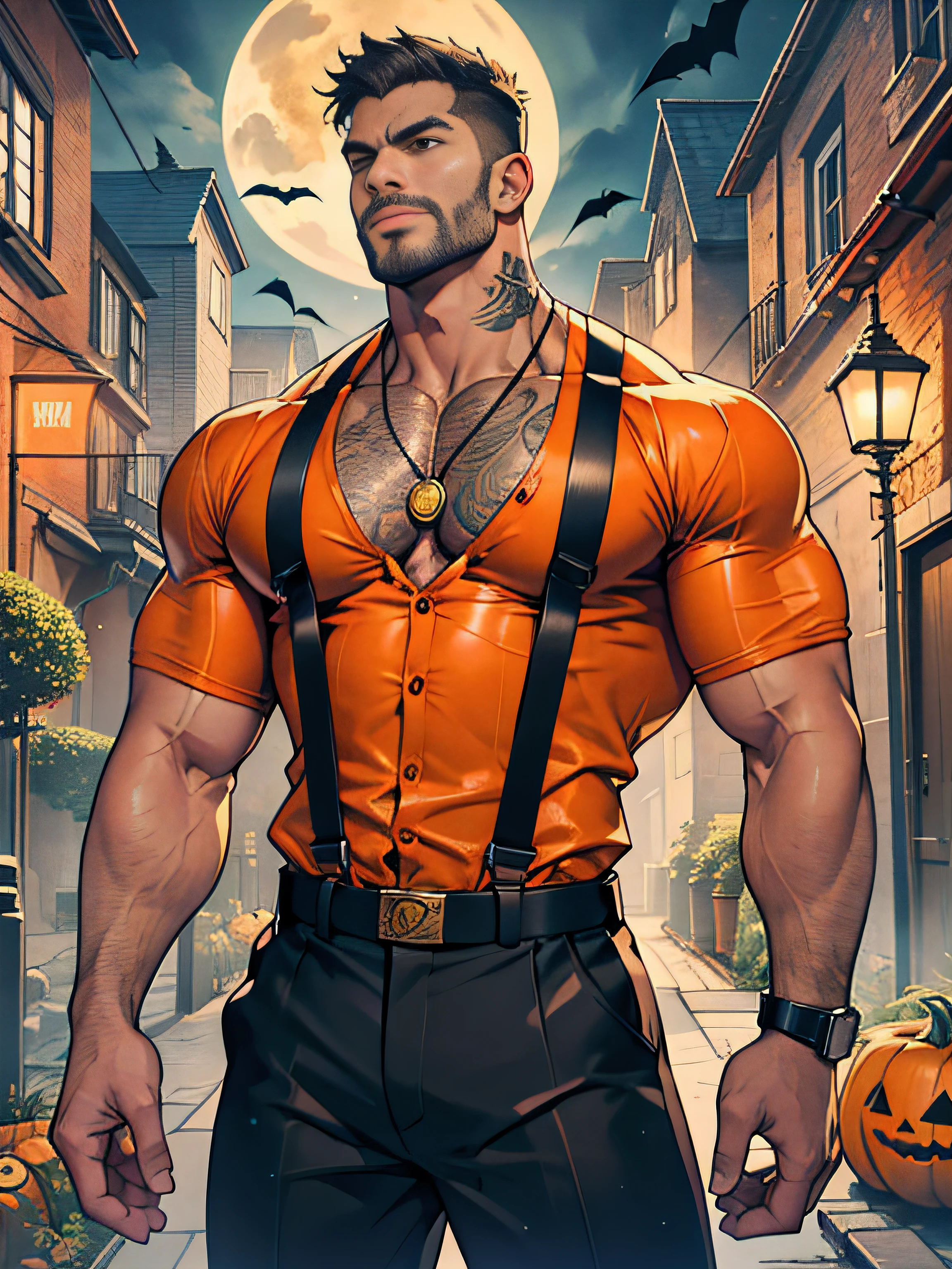30 years old, big eyes, male, stubble, short hair, huge muscles, exaggerated muscles, mature man, muscle swelling, bodybuilding, pectoral muscles, abs, in the courtyard of European sculpture, jack-o'-lantern, orange striped shirt, open shirt, pumpkin badge, jack-o'-lantern necklace, orange suspenders, martin boots, natural light, wet, wheat-colored skin, 1man, tattoo on forearm, Halloween ornaments, night,