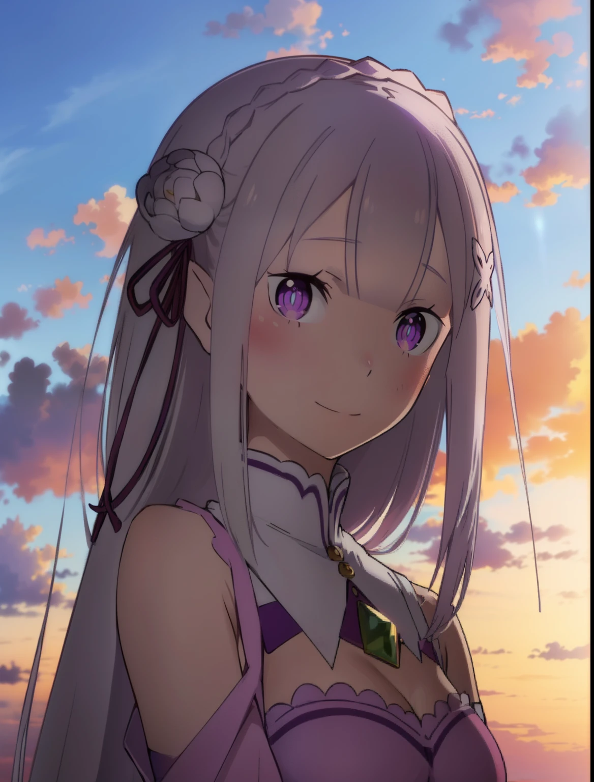 Femilia, 1girl in, Solo, breasts, Smile,((masutepiece,Best Quality:1.4),Ultra-detailed,(Intricate details:1.1),Cinematic Light,short bangs,Beautiful detailed eyes,Red Buck Round, Blue sky, Purple Sky),Looking at Viewer,