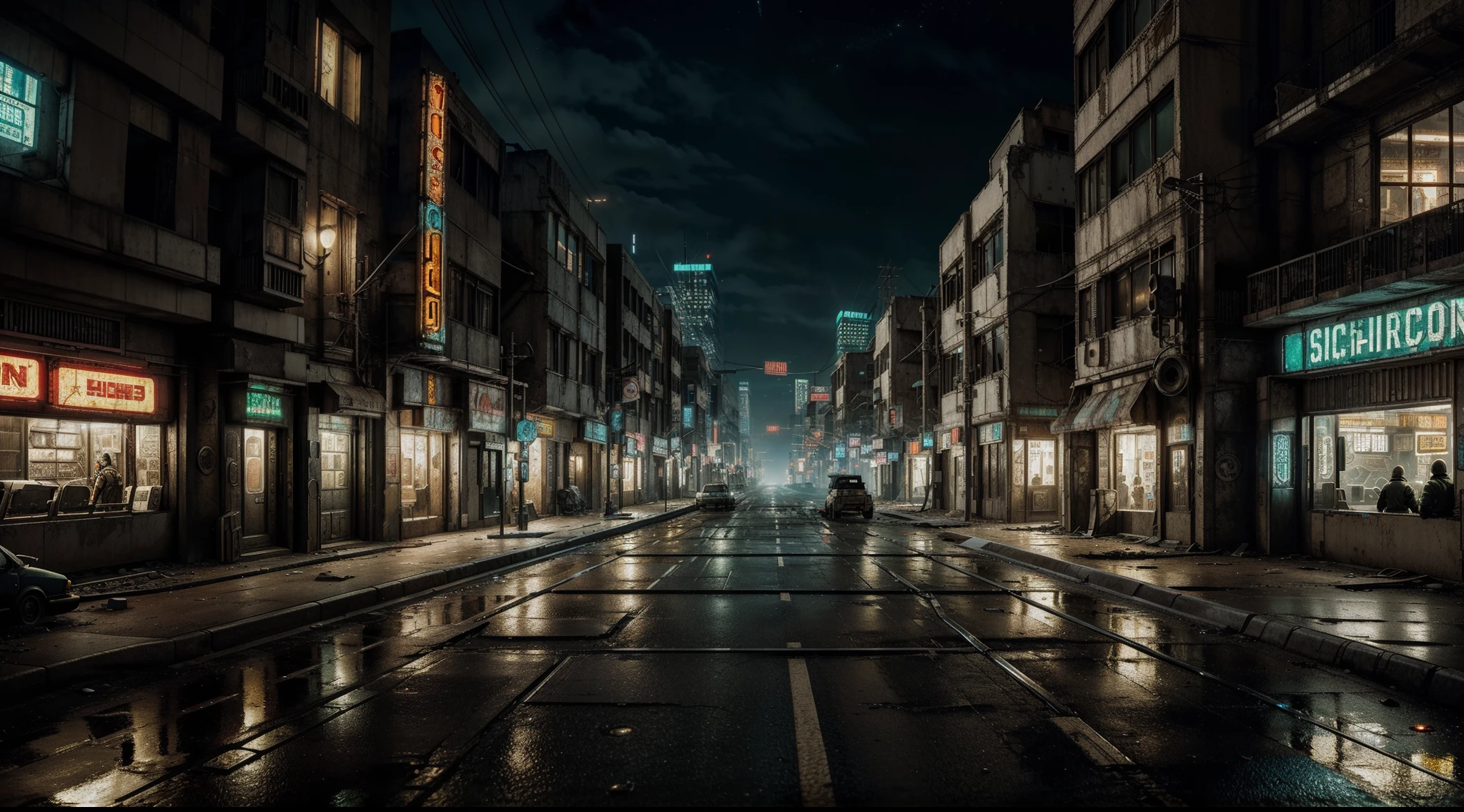 masterpiece, Create post-apocalyptic scenarios, run-down cities, cyberpunk cities from sci-fi movies, empty streets, night, circuit boards, wires, intricate, super detailed, realistic, super realistic, high quality, best, super detailed, crazy detail, very detailed, photorealistic, 8k