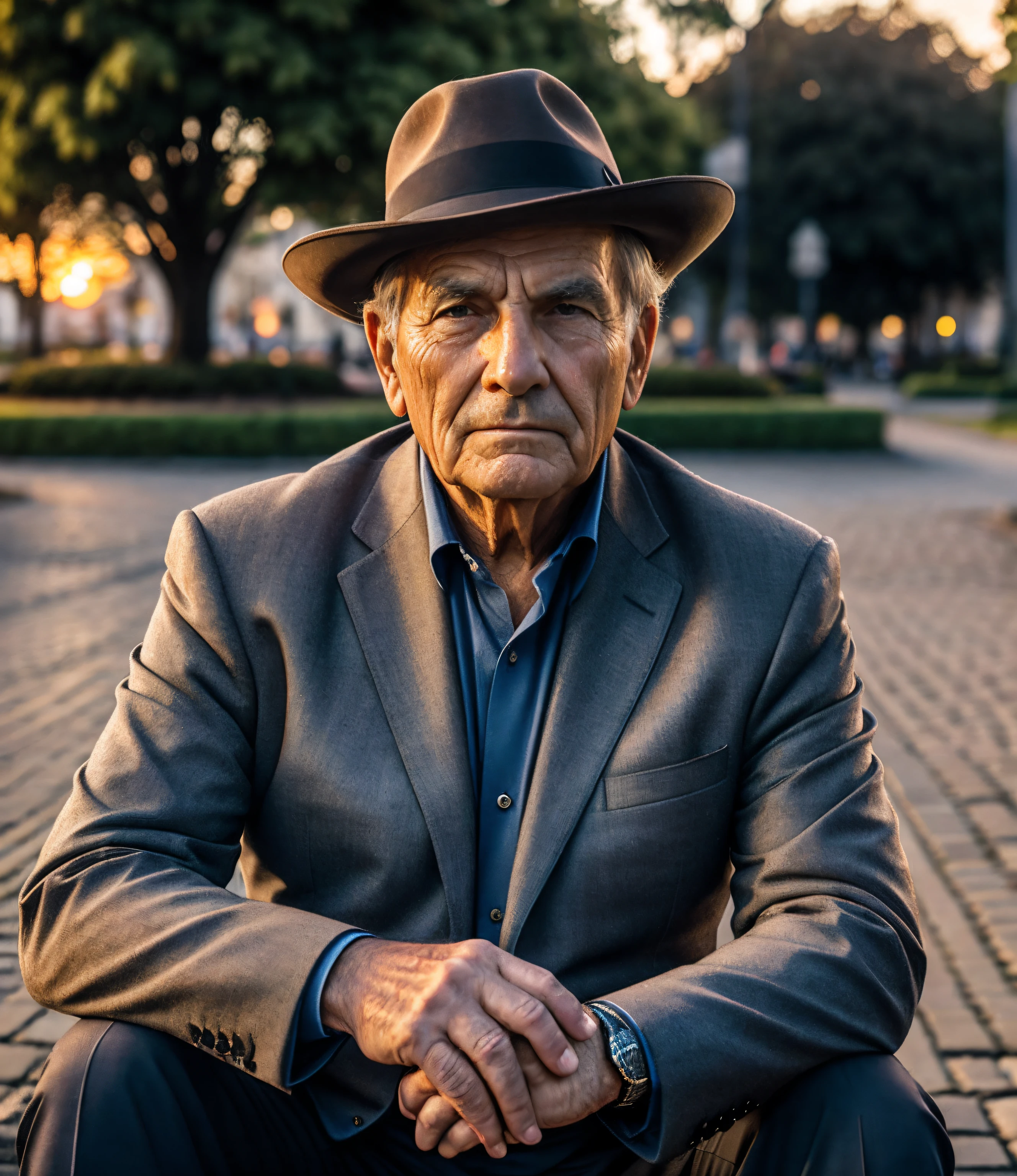 a gentleman sitting in a square, aged face, wrinkles, thoughtful countenance, photography style, FHD, 4k, dusk, 3:2
