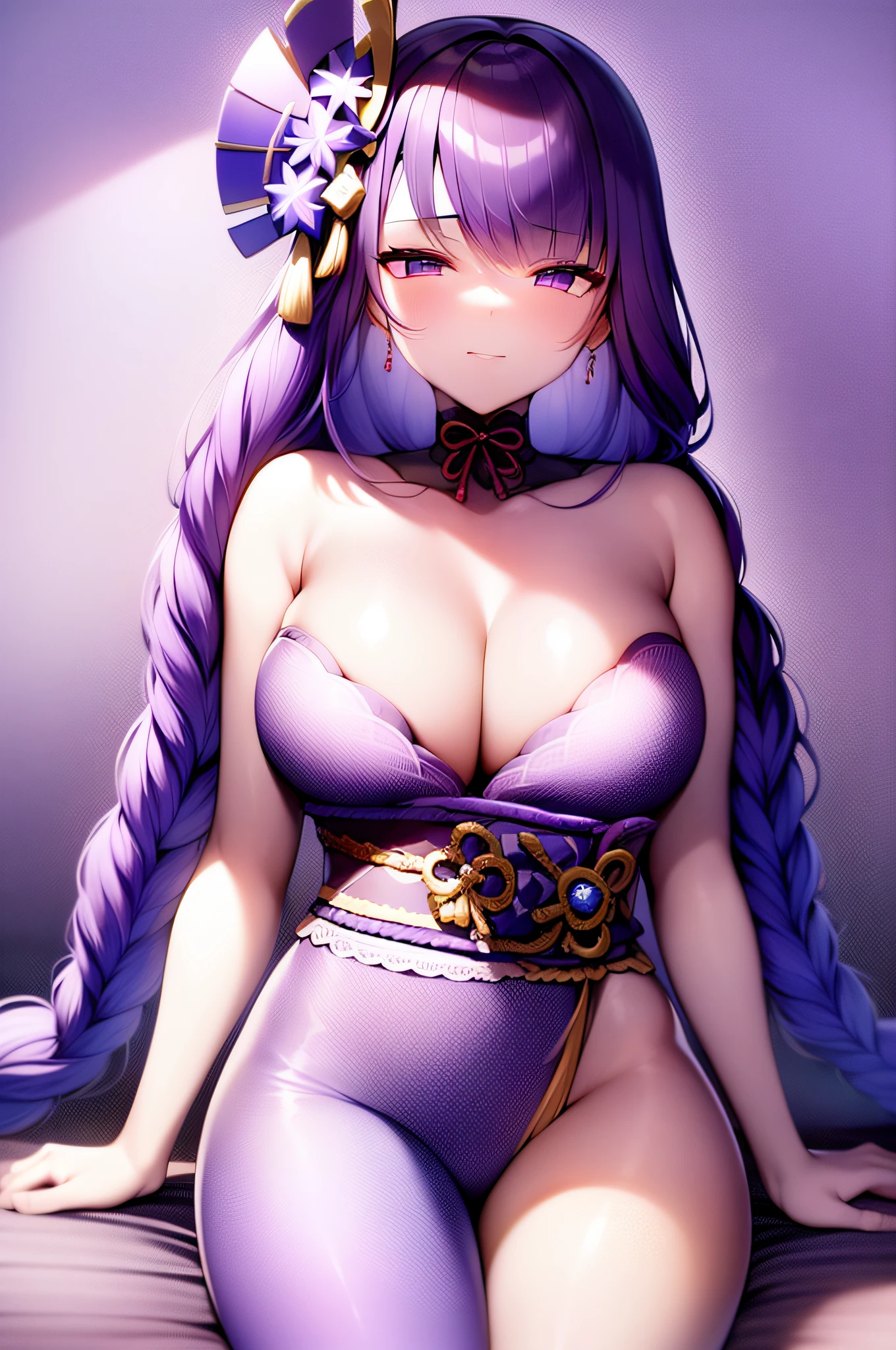 (antecedentes extremamente detalhados) (melhor qualidade), (mais alta qualidade), (obra-prima) , (ultra-detalhado) , Detailed view of the body , Raiden Shogun , peitos enormes, bundas grandes, coxas grandes, Your MILF skin is oily, olhar sedutor, sorriso sedutor, blush, deitada numa cama , uma cama, lingerie , olhando para o espectador, solo, foco solo ,4k , 8k ,