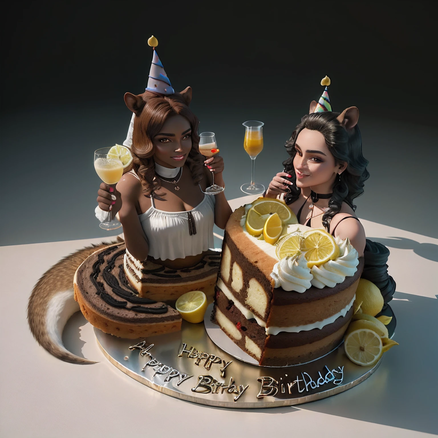 There are two women next to a cake, uma delas morena e outra branca. LGBT. happy birthday, lemon cake, Cake with lemon mousse, 🐿🍸🍋, promotional render, Birthday at the office, imagem de comida super realista, birthday cake, Feliz!!!, artista 3d, arte oficial, cg arte