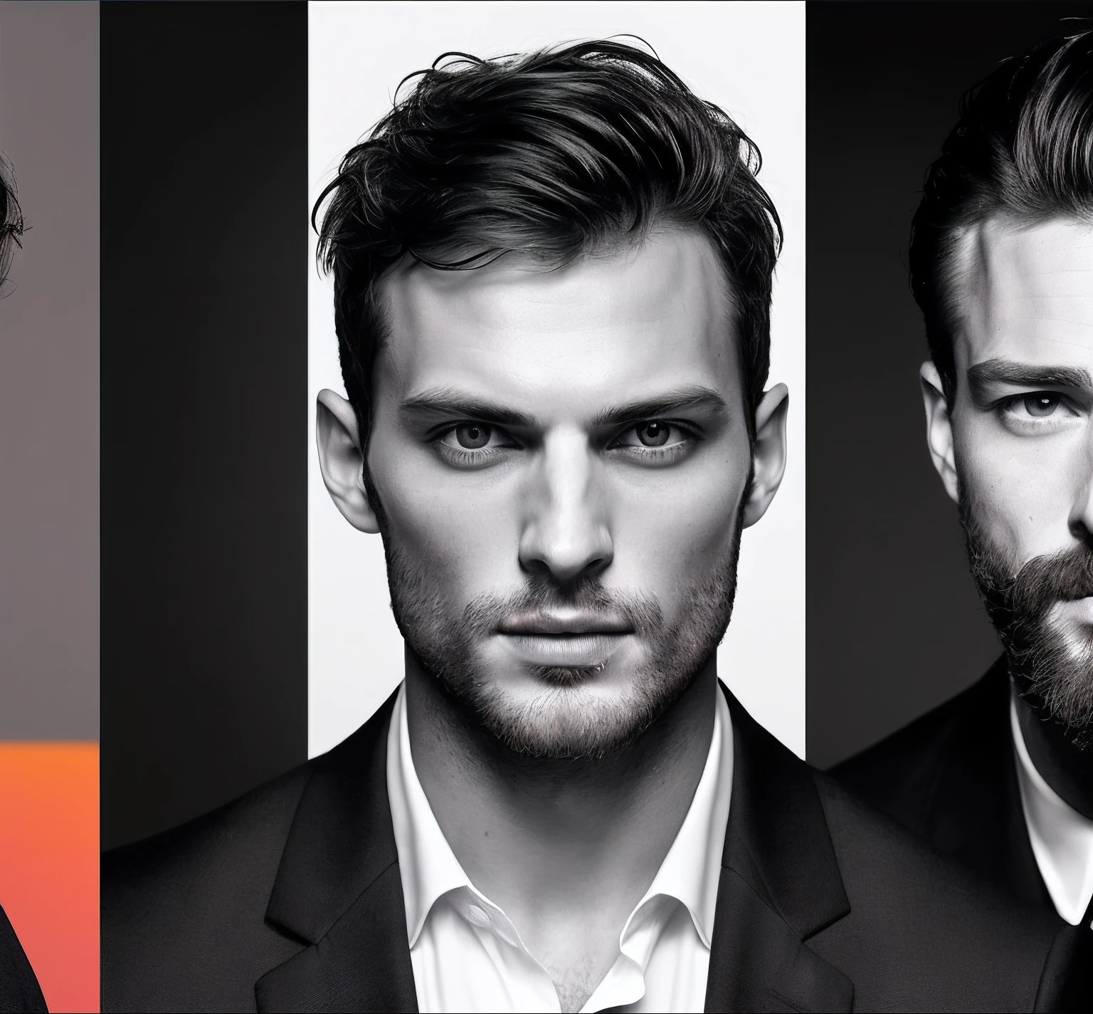 (Create a CEO wearing a black suit without a tie), (Brunette with symmetrical model face), wearing wispy beard, short dark hair, magazine cover model style, man similar to actor jamie dornan, (high quality and realistic image) , dark black background, cinematic style, ((Best Quality, 8k, Masterpiece), ((left side monochrome, right side colorful)), ((grayscale)).