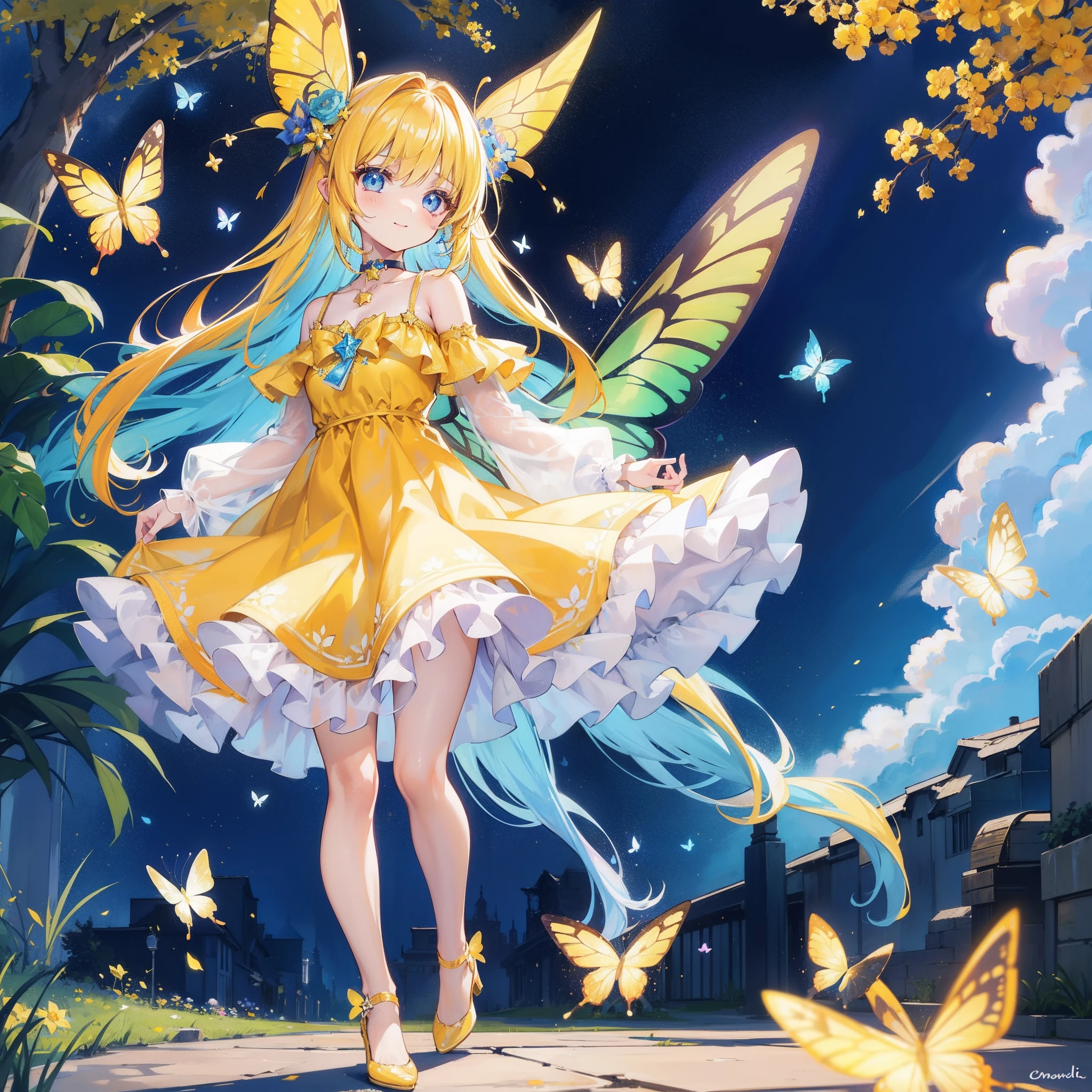 1GIRL,(top-quality:1.4、8K Super Detail CG Wallpapers)、(cute young girl、blue shiny eyes and long thick yellow hair:1.2)、pastel red dress,golden high heels、with floral pattern、over the shoulder view、pastel lively back alley in background,rainbow ballons,butterflies,pixie dust,masterpeace,happy face,happy smile,necklace,star choker,standing,long yellow dress,butterfly wings.