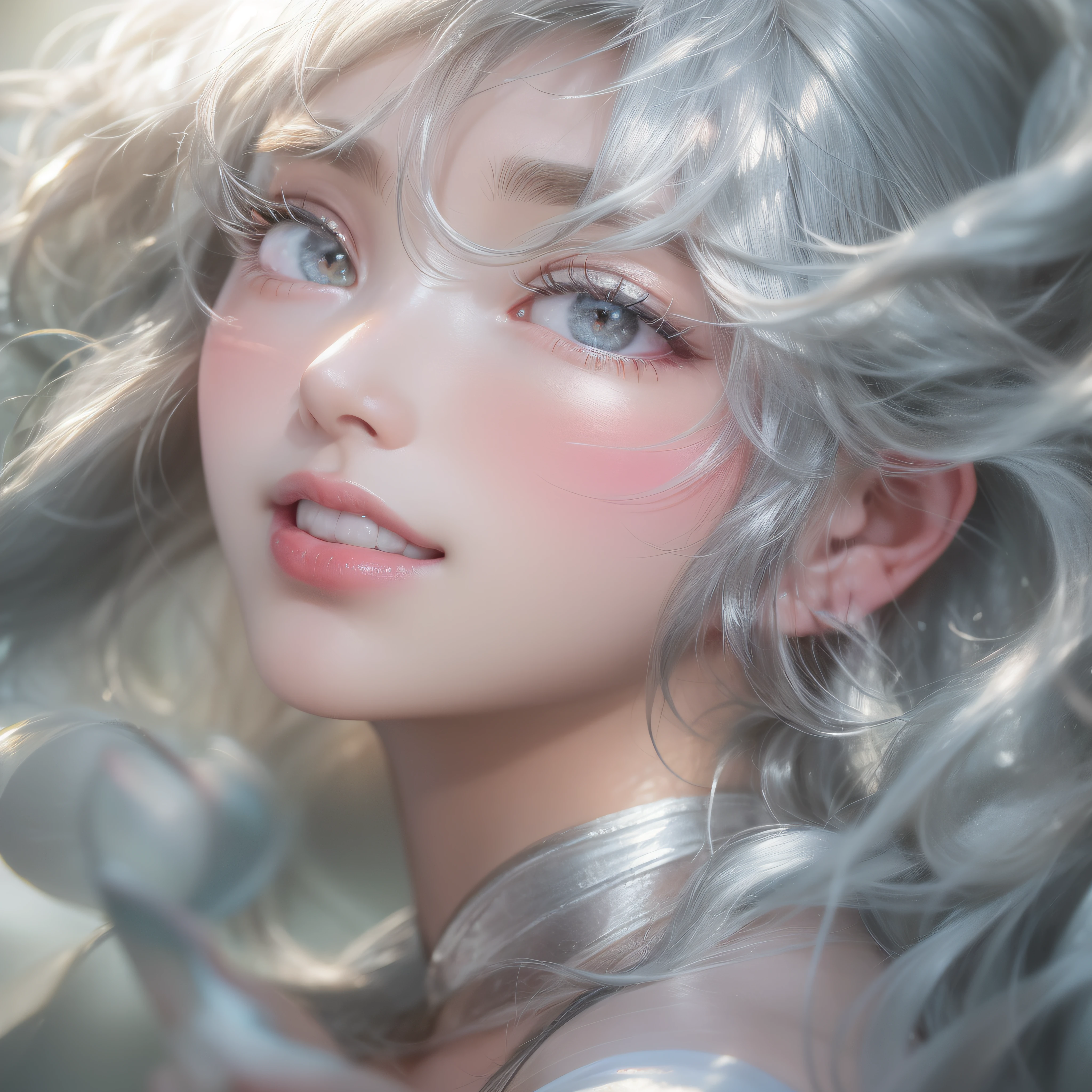 Close up of silver smile with open mouth、(realisitic、hight resolution)、(1 girl in)、Do-Up Eye、Korean Girl、(Best Quality), (masutepiece), (1girl in), Solo, a beauty girl, Perfect face, Big Breast,dreamlikeart、Highly detailed airbrush art((Surreal))、Volumetric lighting、(top-quality)、The ultra-detailliert、(The composition of the movement:1.4)、Highly detailed colorful details、(Bright lighting)、dynamic compositions、Ray traching、The mirror reflects light、Shallow depth of field、ultra-detailliert、mixing exposure、nffsw、Her eyes shine silver、Staring at the silvery sea。Her silvery face is、Full of adventure anticipation and courage.、A smile appears on her silvery lips。 At the rear、The sun is slowly tilting to the west。Its light brings silvery light to the surface of the sea、The swaying waves create a beautiful scene。Her eyes are clearly shining with silver。Lots of silver、