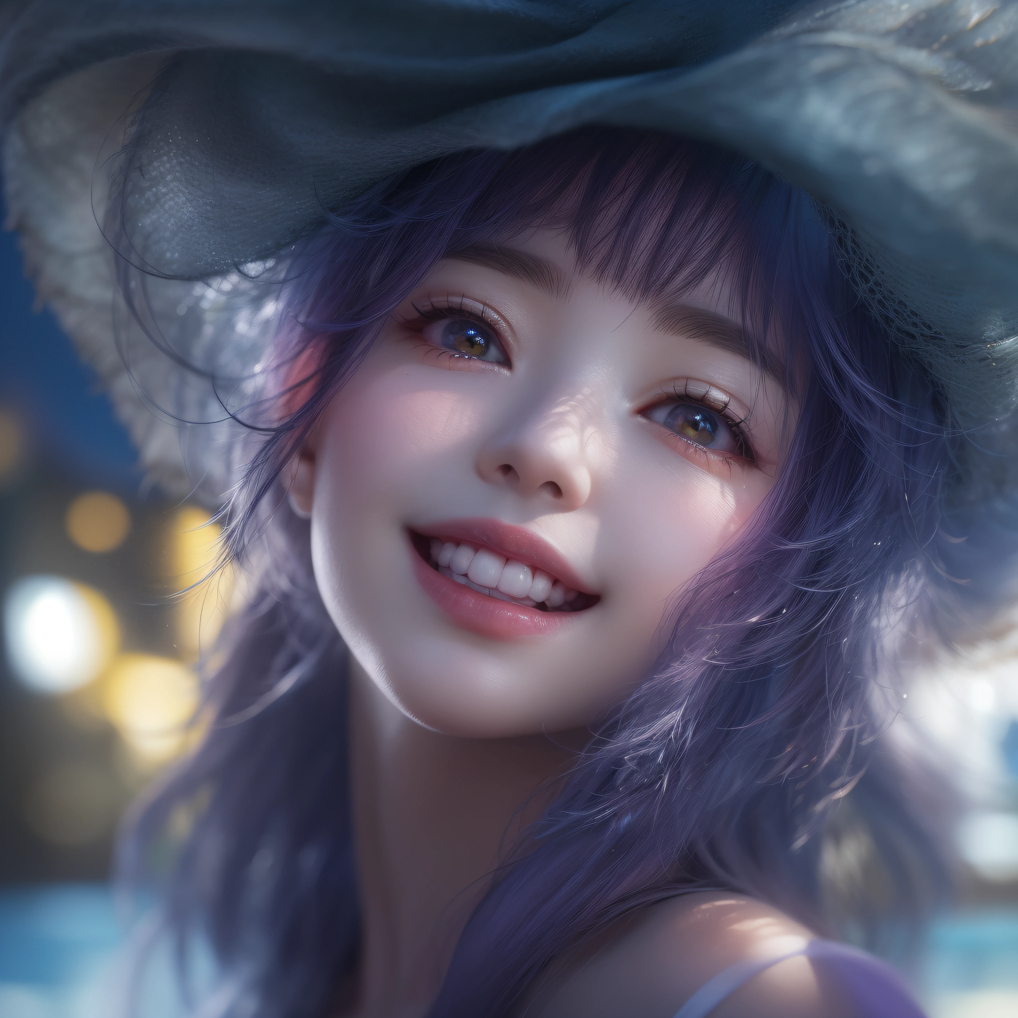 Close up of purple smile with open mouth、(realisitic、hight resolution)、(1 girl in)、Do-Up Eye、Korean Girl、(Best Quality), (masutepiece), (1girl in), Solo, a beauty girl, Perfect face, Big Breast,dreamlikeart、Highly detailed airbrush art((Surreal))、Volumetric lighting、(top-quality)、The ultra-detailliert、(The composition of the movement:1.4)、Highly detailed colorful details、(Bright lighting)、dynamic compositions、Ray traching、The mirror reflects light、Shallow depth of field、ultra-detailliert、mixing  exposure、nffsw、Her eyes glow purple、Staring at the purple sea。Her purple face is、Full of adventure anticipation and courage.、A smile appears on her purple lips。 At the rear、The sun is slowly tilting to the west。Its light brings purple light to the surface of the sea、The swaying waves create a beautiful scene。Her eyes are clearly glowing purple。Lots of purple、