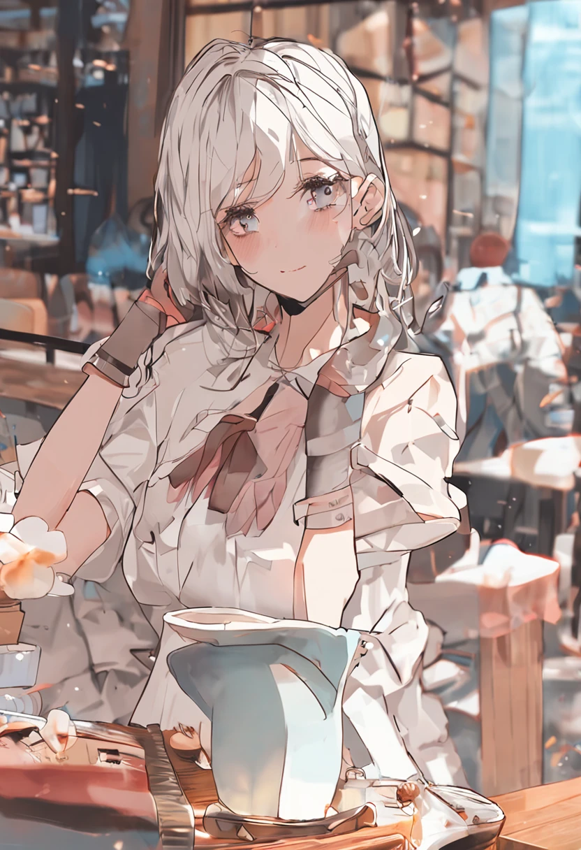 1girl，Cat lady，enjoying，drinking glass，White stockings，whaite hair，