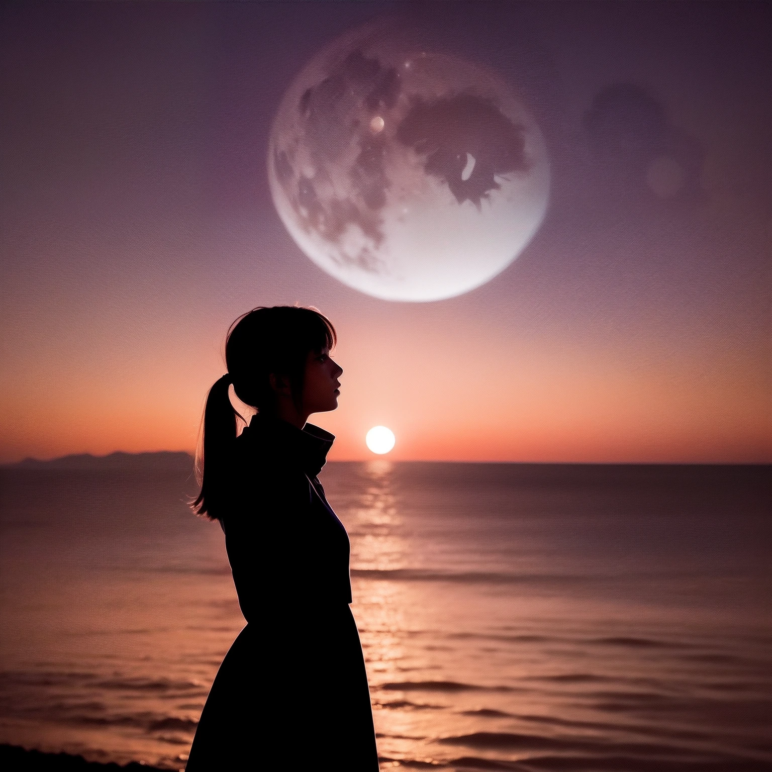 Best quality, masterpiece, professional award winning photo of super blue moon lit on the beautiful horizon where a silhouette of girl looking at the sky