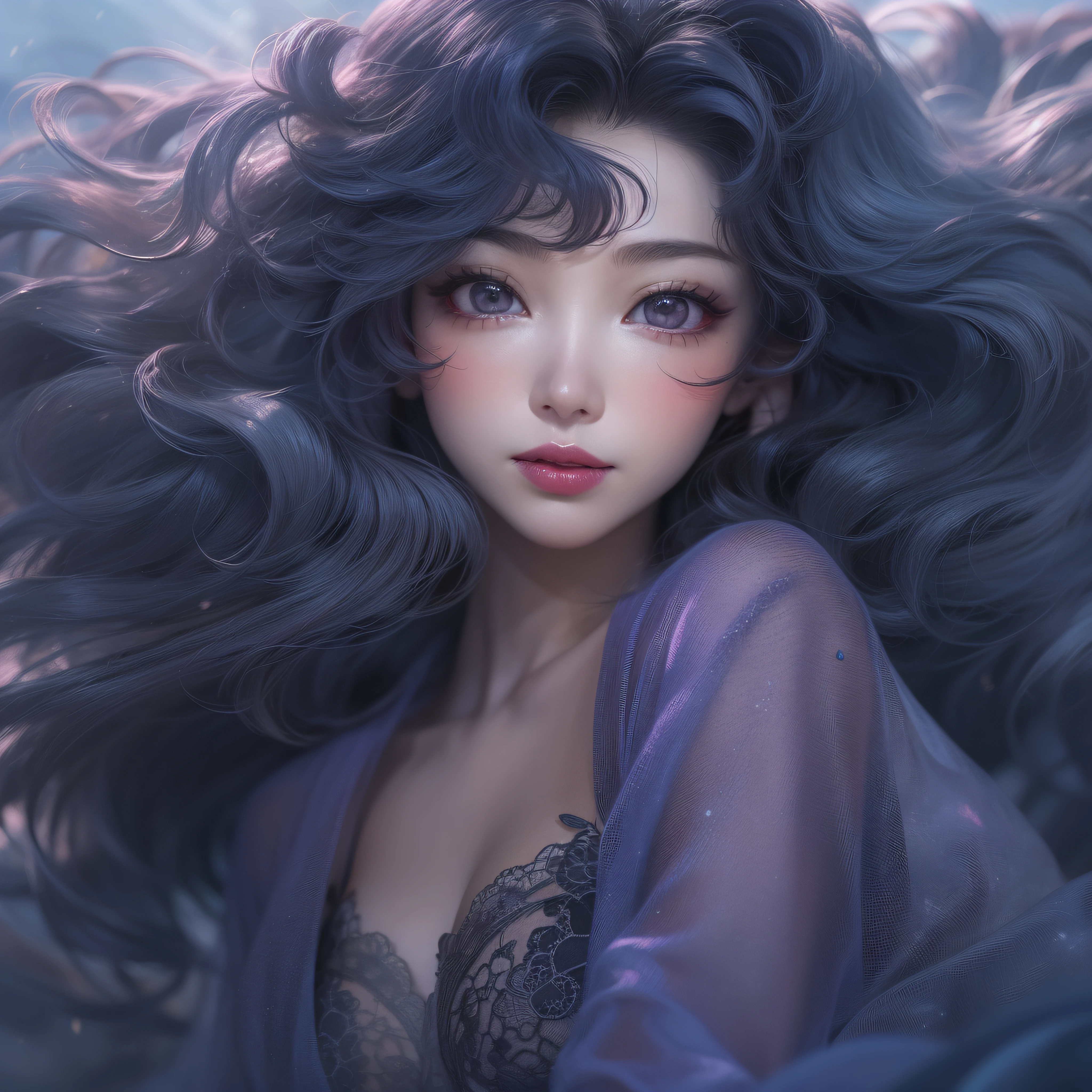 Close up of purple smile with open mouth、(realisitic、hight resolution)、(1 girl in)、Do-Up Eye、Korean Girl、(Best Quality), (masutepiece), (1girl in), Solo, a beauty girl, Perfect face, Big Breast,dreamlikeart、Highly detailed airbrush art((Surreal))、Volumetric lighting、(top-quality)、The ultra-detailliert、(The composition of the movement:1.4)、Highly detailed colorful details、(Bright lighting)、dynamic compositions、Ray traching、The mirror reflects light、Shallow depth of field、ultra-detailliert、mixing exposure、nffsw、Her eyes glow purple、Staring at the purple sea。Her purple face is、Full of adventure anticipation and courage.、A smile appears on her purple lips。 At the rear、The sun is slowly tilting to the west。Its light brings purple light to the surface of the sea、The swaying waves create a beautiful scene。Her eyes are clearly glowing purple。Lots of purple、