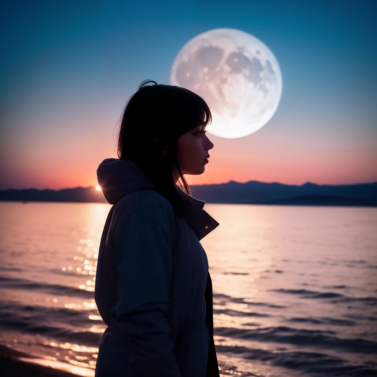 Best quality, masterpiece, professional award winning photo of super blue moon lit on the beautiful horizon where a silhouette of girl looking at the sky