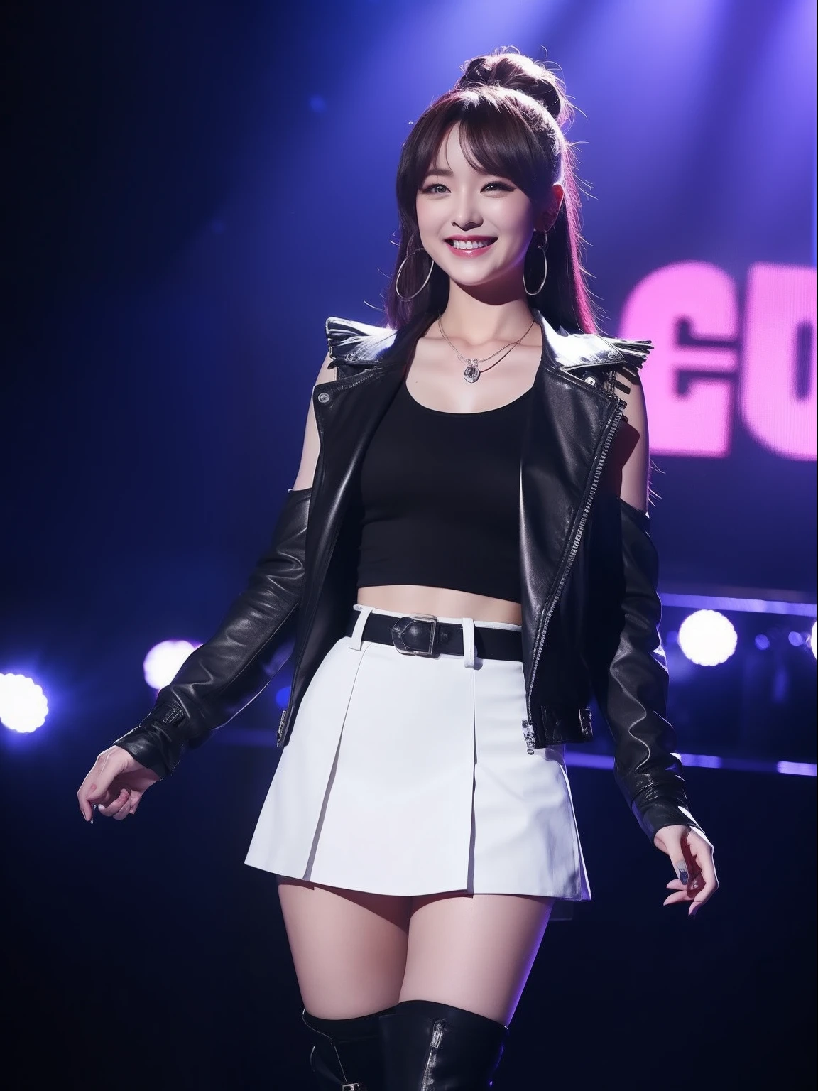K-pop idols、Female sexy、a smile、Black jacket、Tank top with a view of the valley、Mini skirt with ruffles、kneehigh boots、On stage