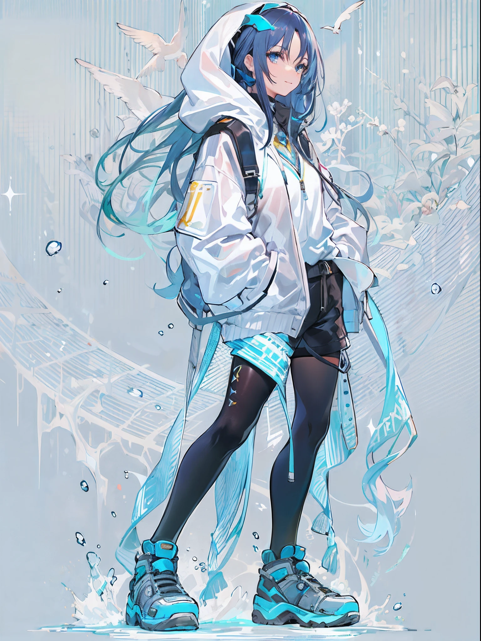 ((top quality)), ((masterpiece)), ((super detail)), (very delicate and beautiful), girl, solo, cold demeanor, ((black jacket)), she looks very (relaxed) and (calm), black hair, depth of field, evil smile, stirrups, underwater, air bubble, light blue eyes, light blue hair and dark blue tips inner color with, cold background, bobbed hair - linear art, shorts, knee high socks, oversized white hoodie, light blue ribbon tie, clothing transparent, hands in pockets