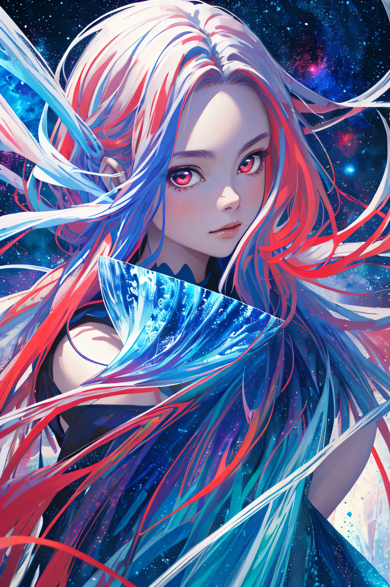 realisticlying、Masterpiece Quality、best qualtiy、offcial art、Beauty and aesthetics:1.2、Highly detailed fractal art、Colorful abstract background、girl with、Kamimei、Colored Hair、Long whit hair、luminous red eyes、Mysterious magic、Girl of Ice and Fire,Red and blue color scheme,cinematric light