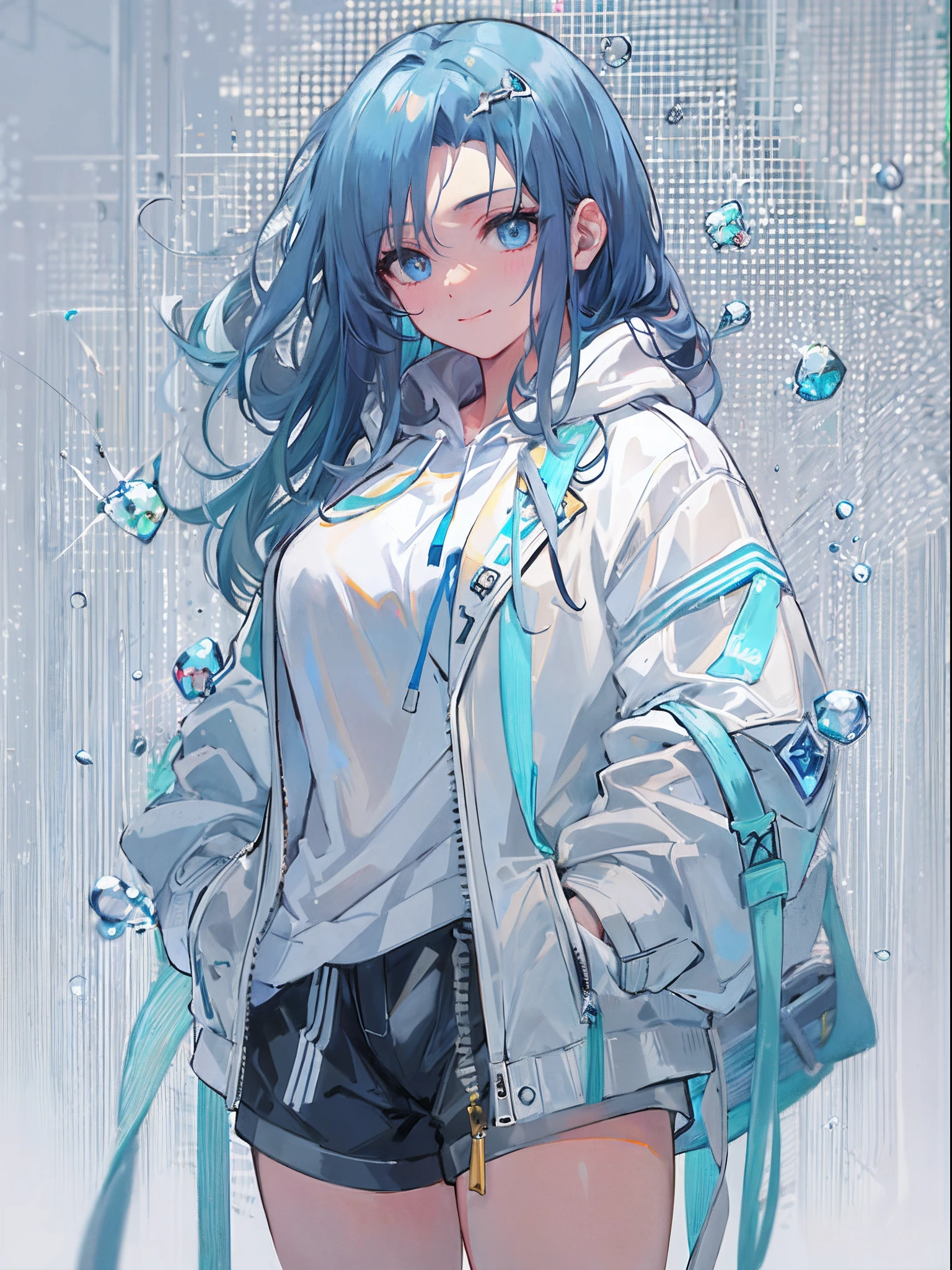 ((top quality)), ((masterpiece)), ((super detail)), (very delicate and beautiful), girl, solo, cold demeanor, ((black jacket)), she looks very (relaxed) and (calm), black hair, depth of field, evil smile, stirrups, underwater, air bubble, light blue eyes, light blue hair and dark blue tips inner color with, cold background, bobbed hair - linear art, shorts, knee high socks, oversized white hoodie, light blue ribbon tie, clothing transparent, hands in pockets