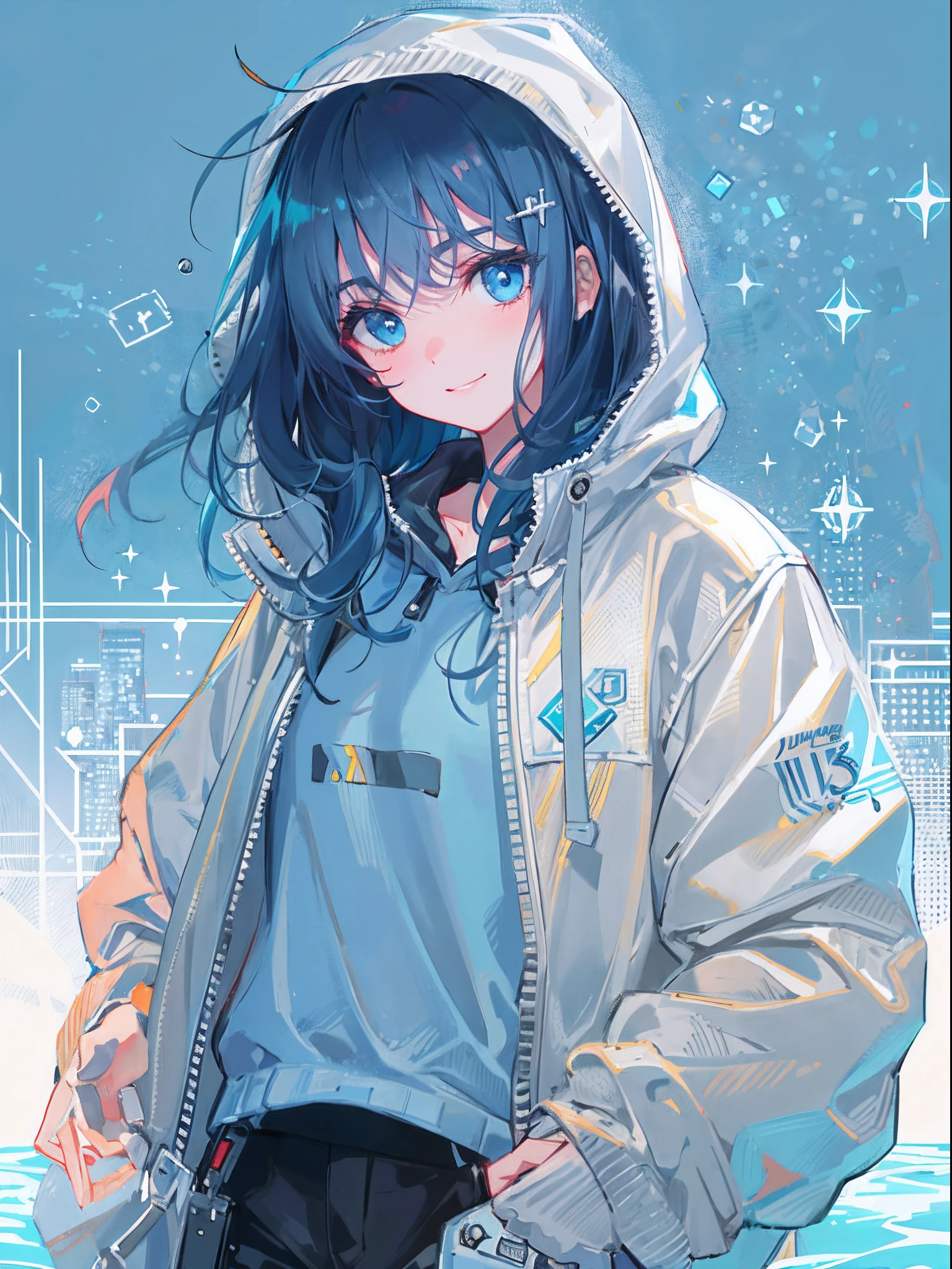 ((top quality)), ((masterpiece)), ((super detail)), (very delicate and beautiful), girl, solo, cold demeanor, ((black jacket)), she looks very (relaxed) and (calm), black hair, depth of field, evil smile, stirrups, underwater, air bubble, light blue eyes, light blue hair and dark blue tips inner color with, cold background, bobbed hair - linear art, shorts, knee high socks, oversized white hoodie, light blue ribbon tie, clothing transparent, hands in pockets
